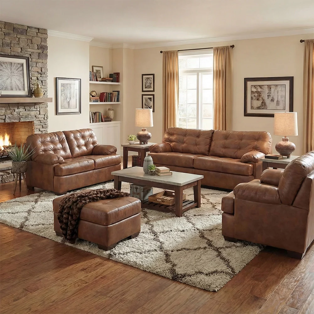 Chaps Brown Rustic Leather Sofa & Loveseat with Button Tufting - Image 2
