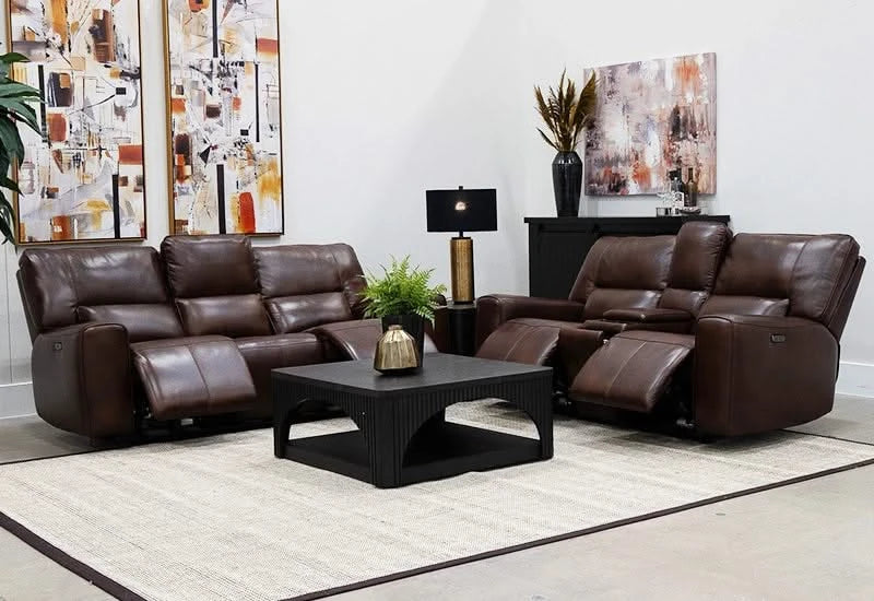 Chesapeke Brown Zero Gravity Leather Dual Power Reclining Living Room Set Includes Sofa with 3 Reclining seats and Loveseat with Storage Console - Image 2