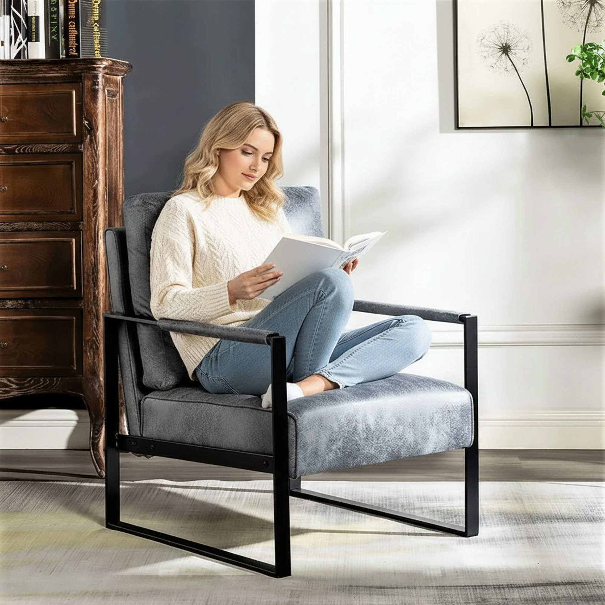 Classic Mid Century Modern Accent Chair With Durable Square Metal Frame, Armchair - Image 10