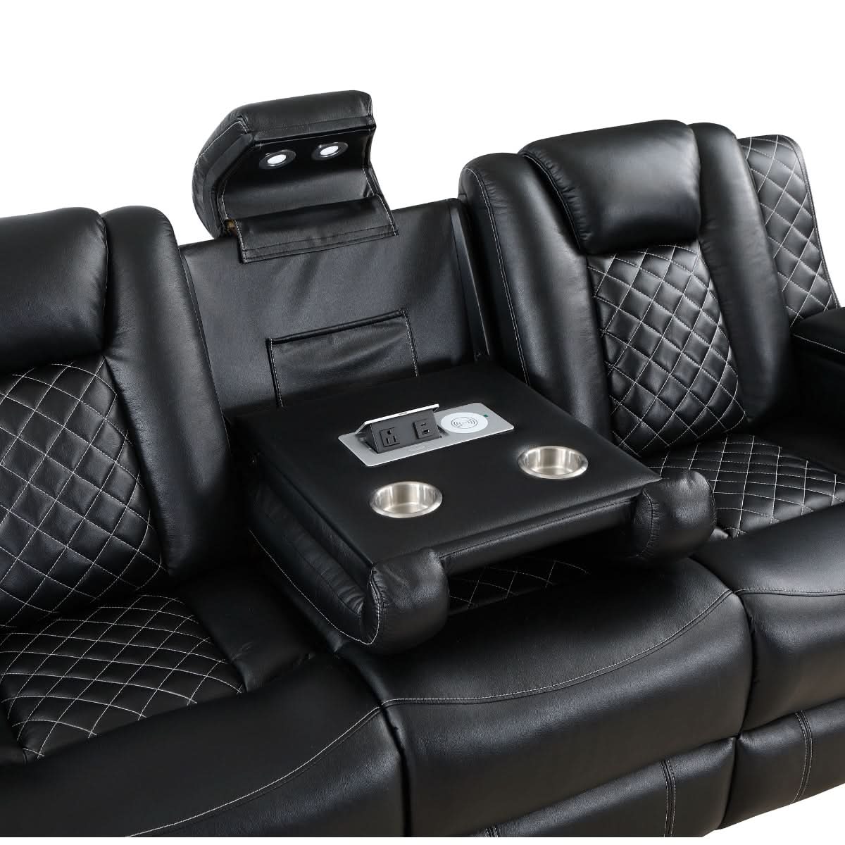 Cleo Black or Dove Contemporary Power Reclining Sofa with Power Headrests LED Lights and Dropdown Table - Image 10