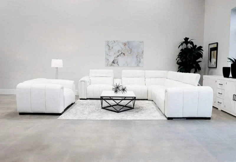 Cosmic White Leather Zero Gravity Power Headrest Reclining 6 PC Modular Sectional with Storage Console and Wireless Charging