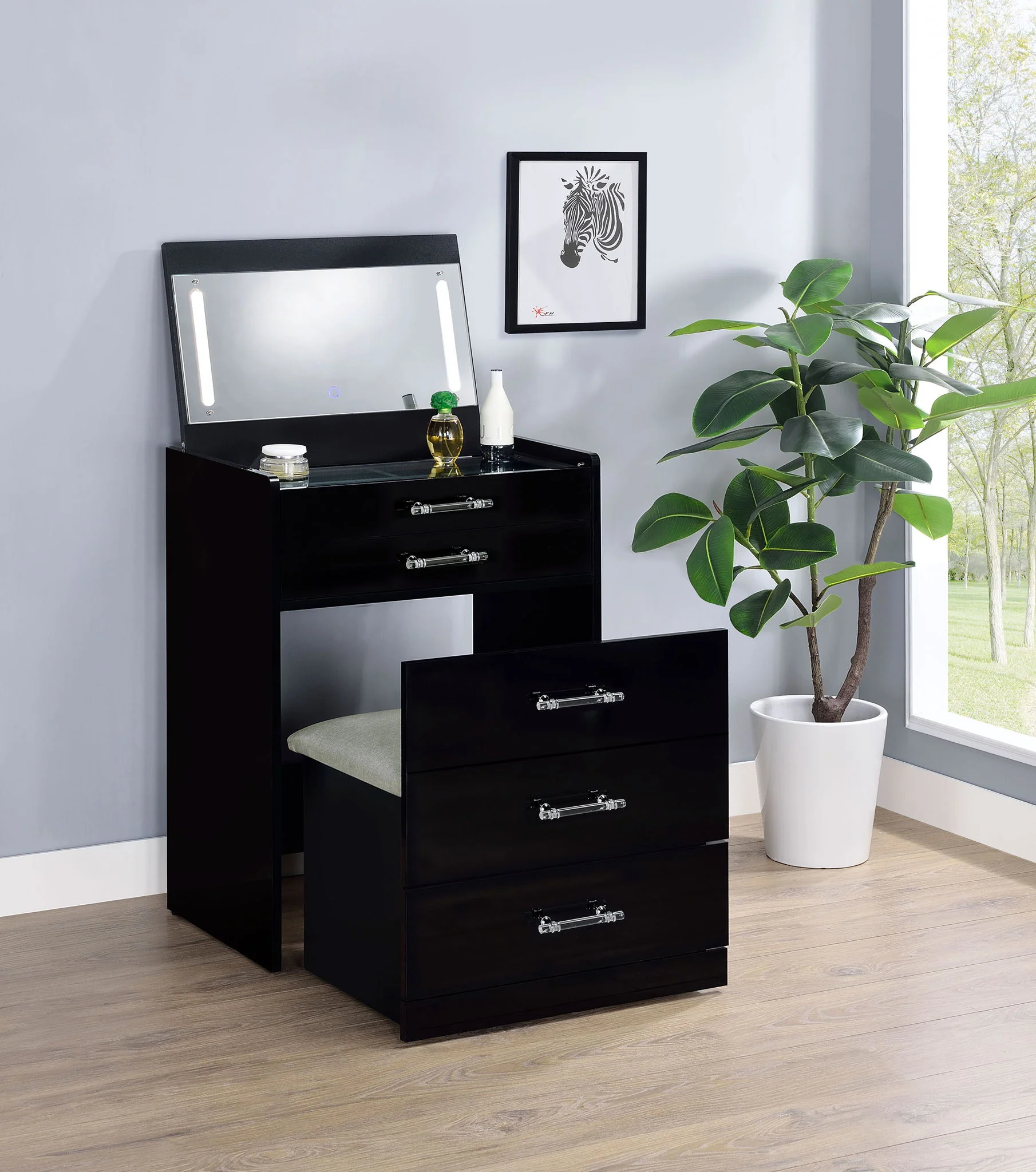 Danbury 3-drawer Makeup Vanity & Stool Set Black High Gloss - Image 3