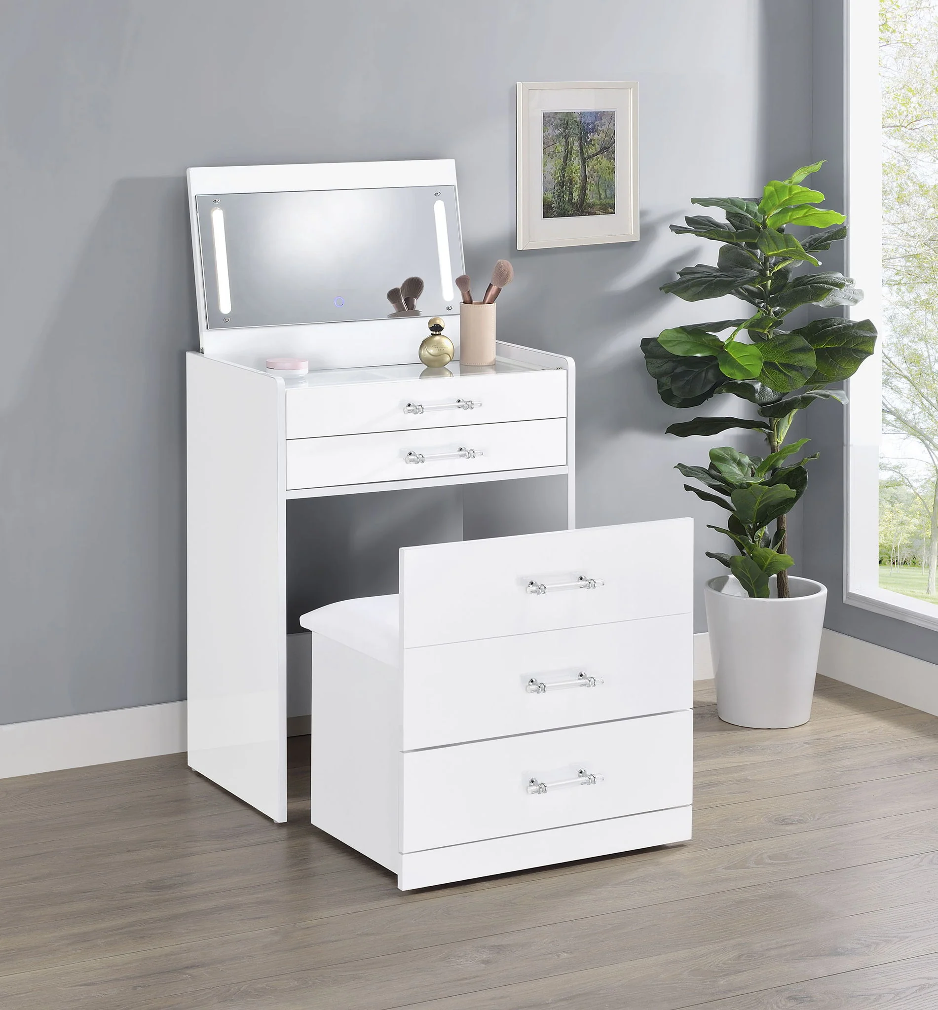 Danbury 3-drawer Makeup Vanity & Stool Set White High Gloss - Image 3
