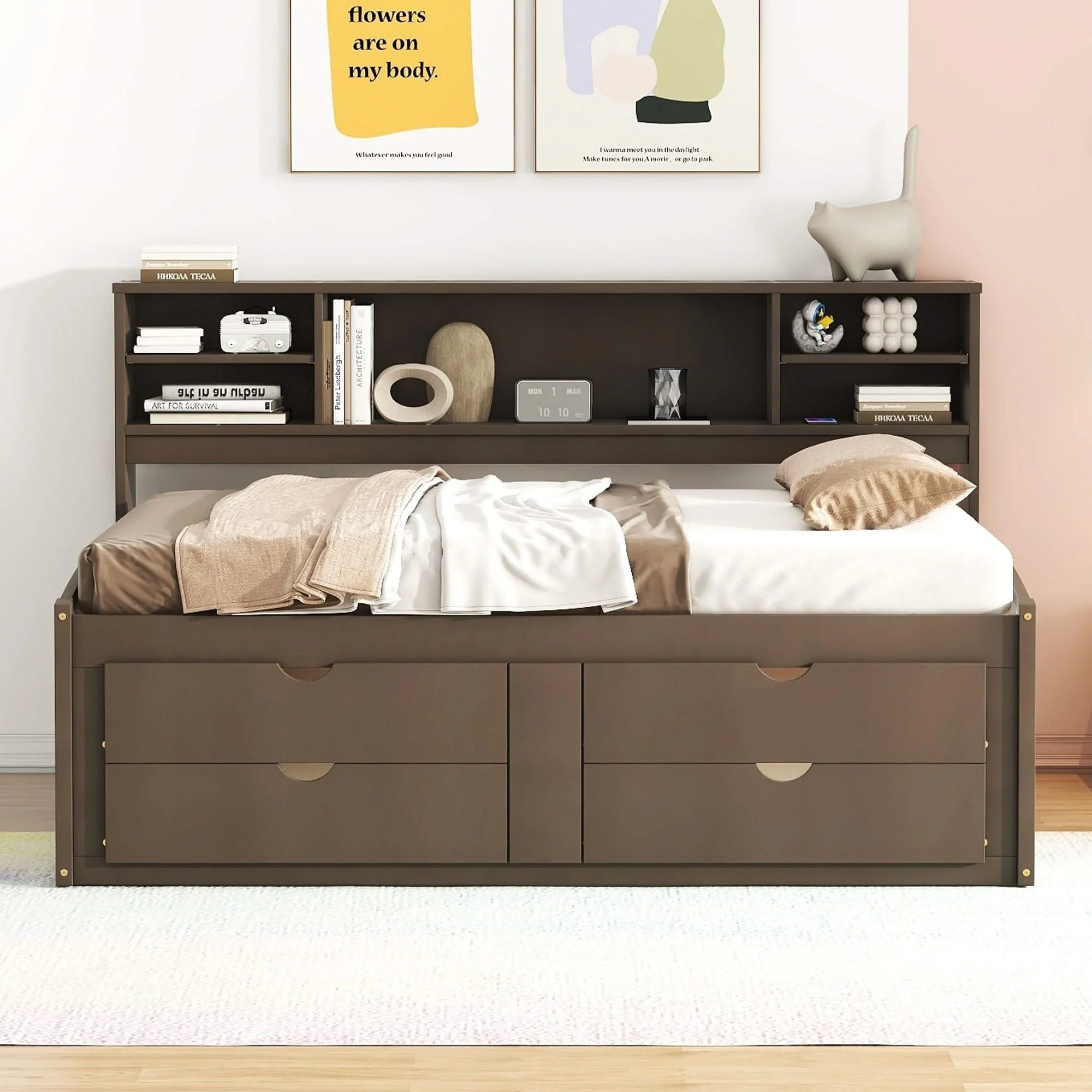 Daybed With 2 Bedside Cabinets, Upper Shelves And 4 Drawers - Image 11