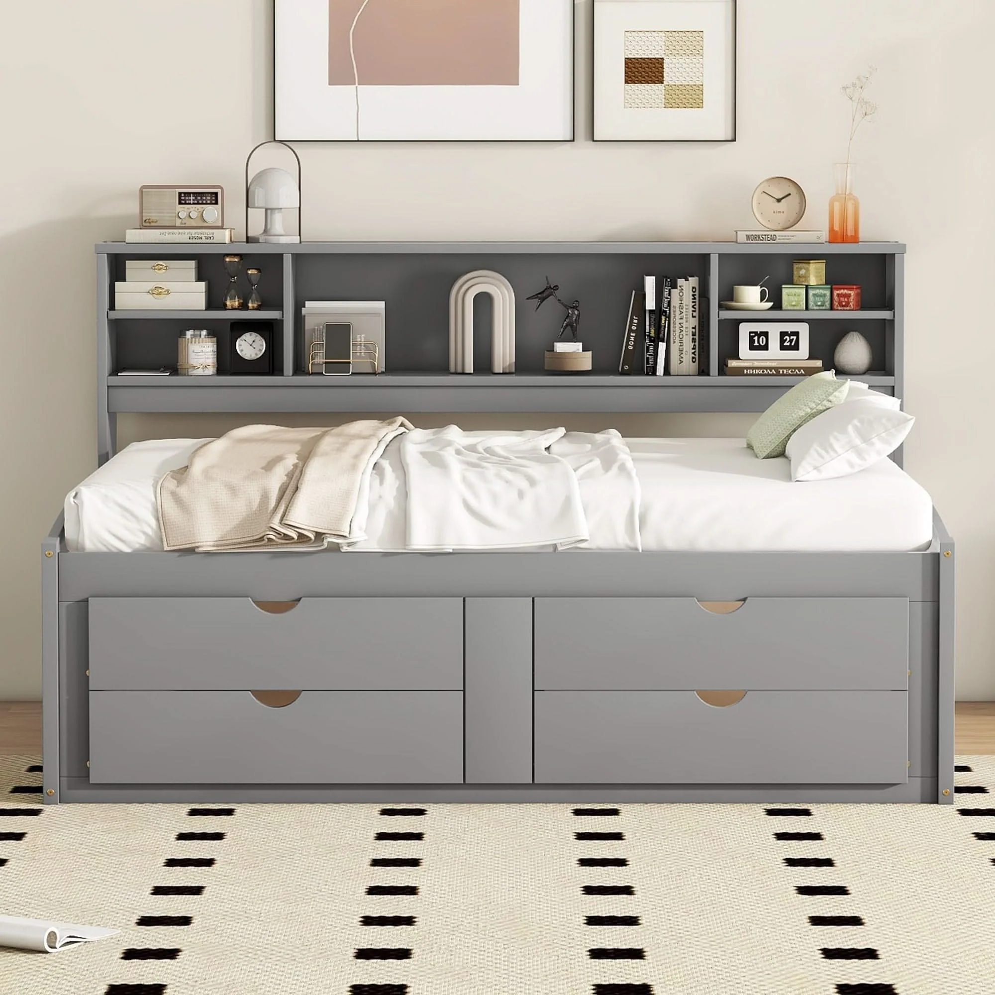 Daybed With 2 Bedside Cabinets, Upper Shelves And 4 Drawers - Image 9
