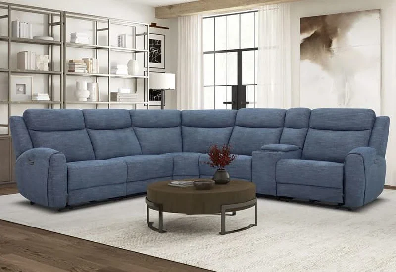 Defender Denim 6-Piece Reclining Sectional with Power Recliners and Console Storage