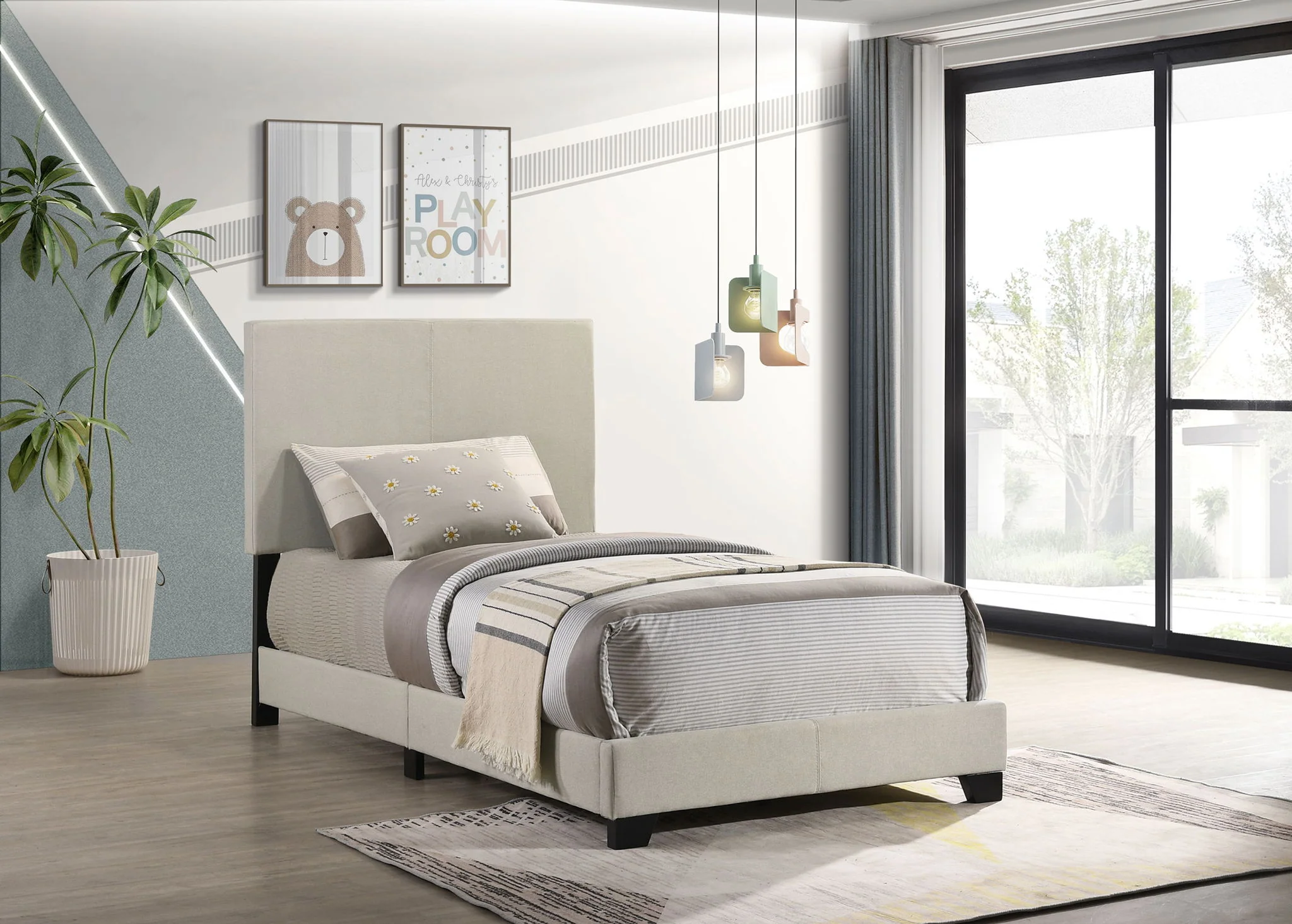 Dorian Fabric Upholstered Twin Panel Bed Cream - Image 4