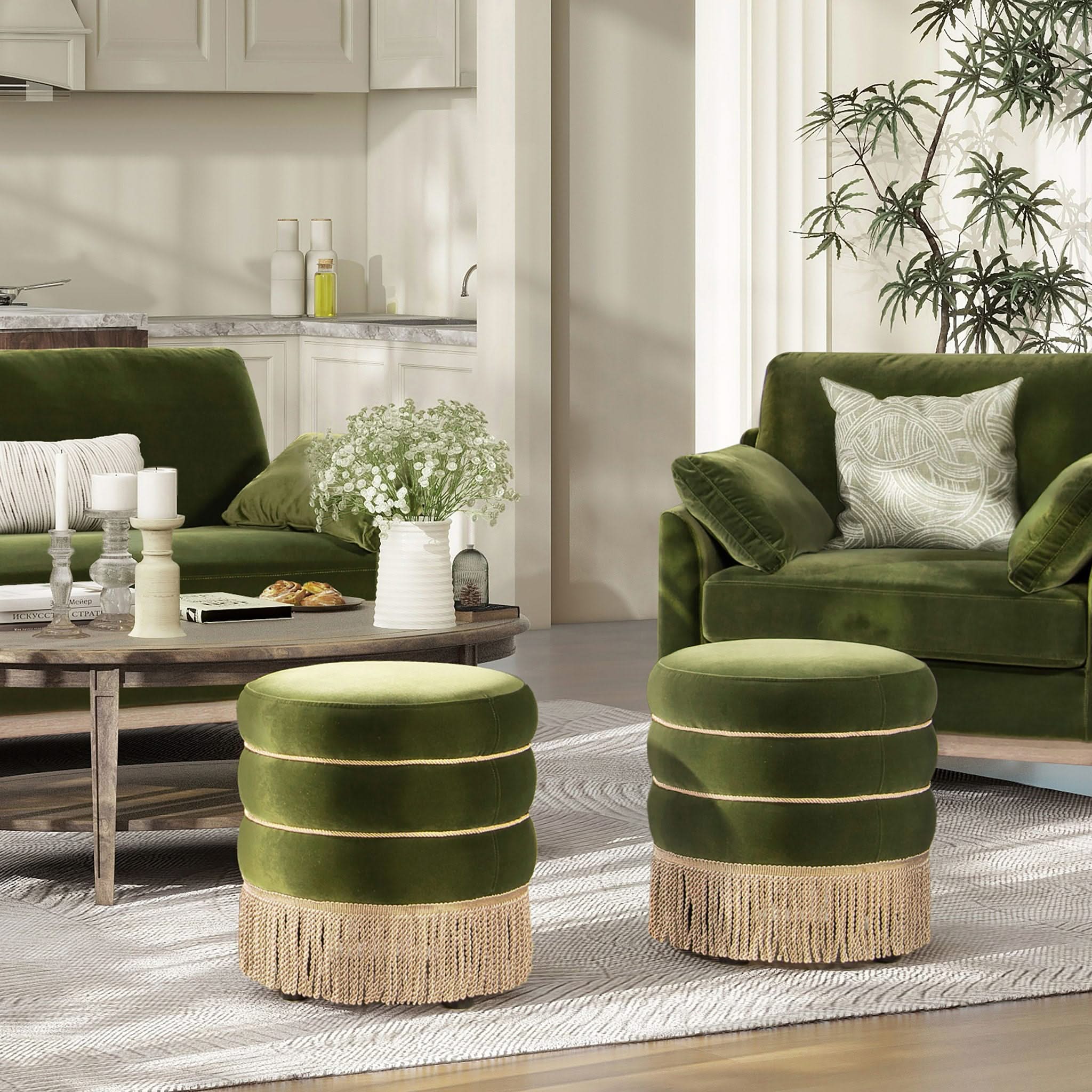 Edward - Round Upholstered Ottoman With Bullion Fringe - Olive Green - Image 2