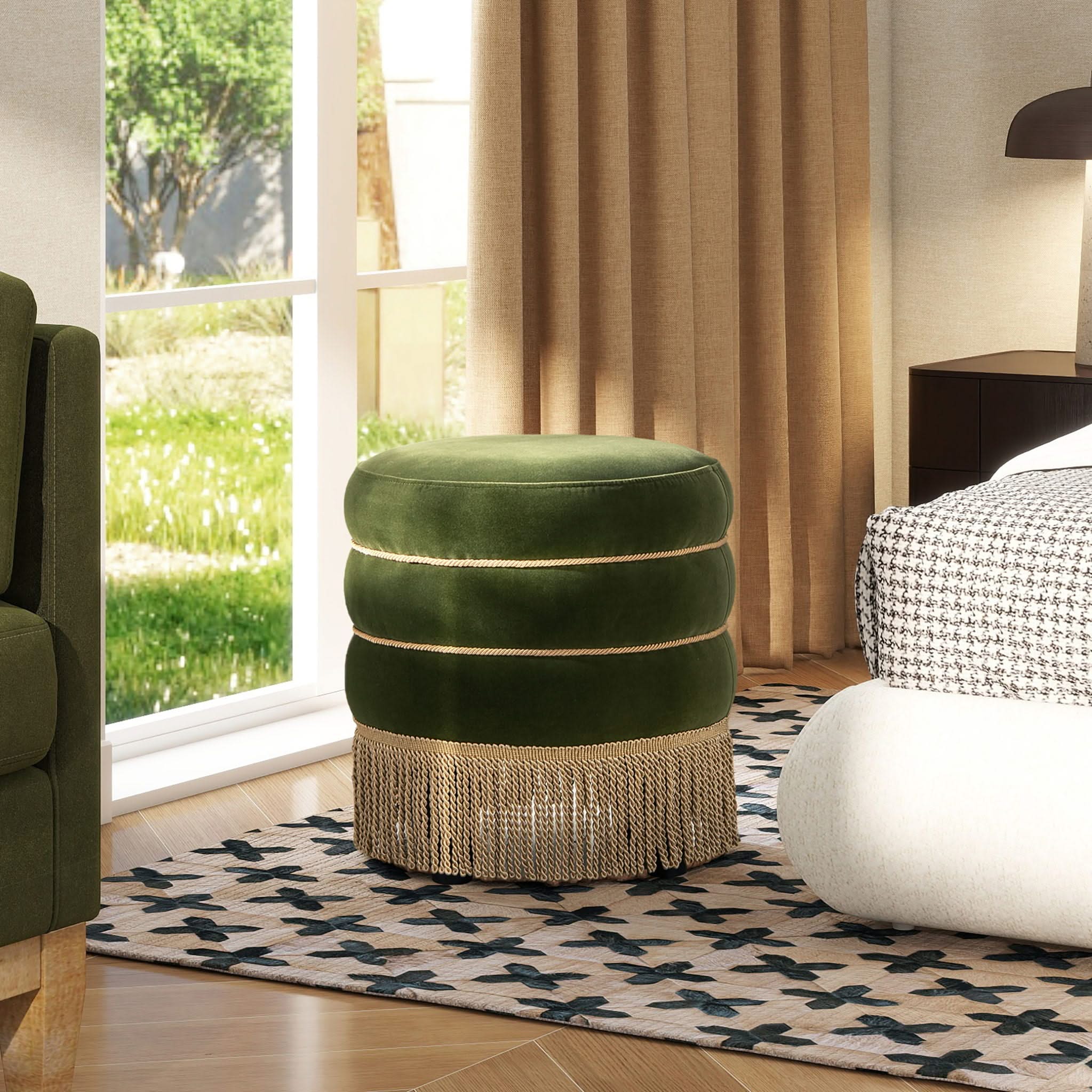 Edward - Round Upholstered Ottoman With Bullion Fringe - Olive Green - Image 3