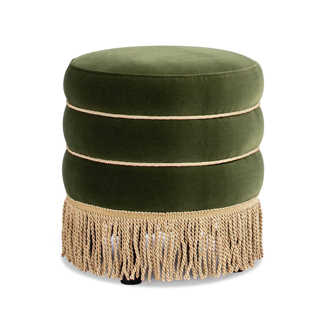 Edward - Round Upholstered Ottoman With Bullion Fringe - Olive Green - Image 4