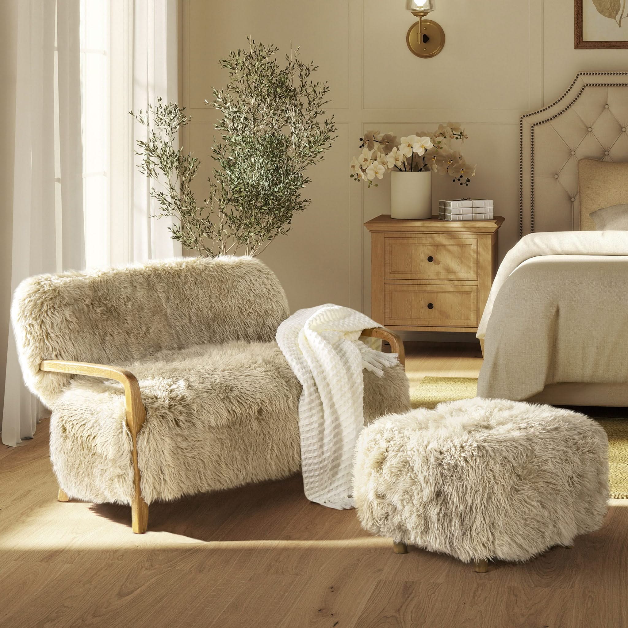 Enchante - New Zealand Sheepskin Rectangular Accent Ottoman - Taupe / Natural - Image 3