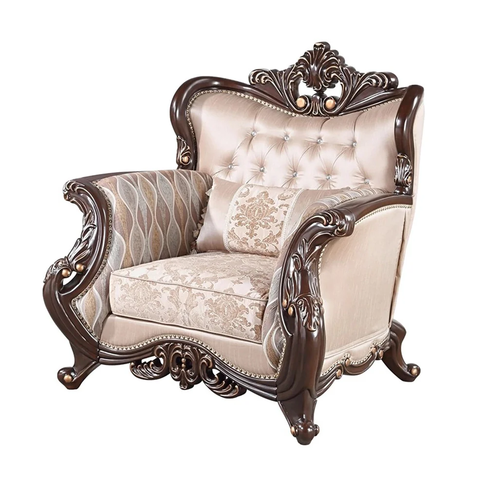 Esther Beige Traditional Accent Chair with Ornate Wood Trim and Tufted Back - Image 2