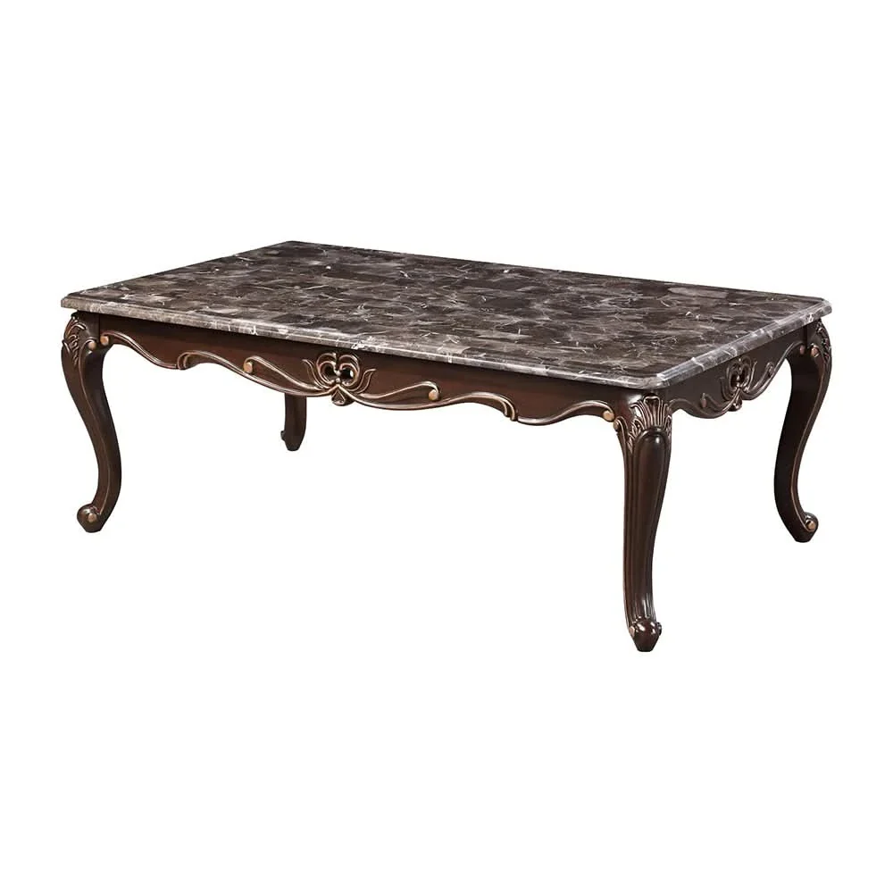 Esther Traditional Brown Marble Top 3-Piece Coffee Table Set with Ornate Wood Carving - Image 3