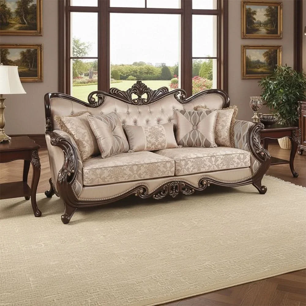Esther Beige Traditional Sofa with Ornate Wood Trim and Tufted Back - Image 2