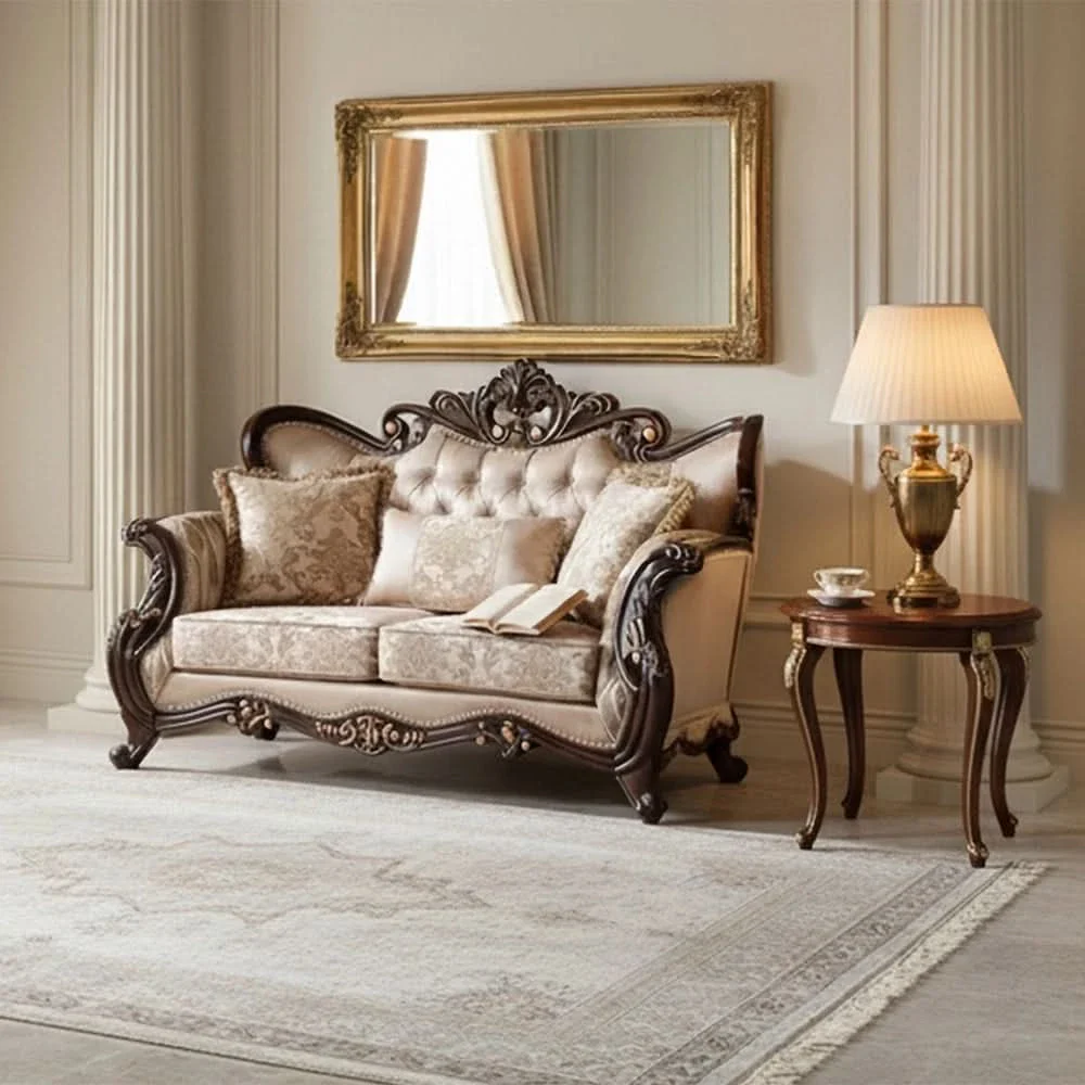 Esther Beige Traditional Loveseat with Ornate Wood Trim and Tufted Back