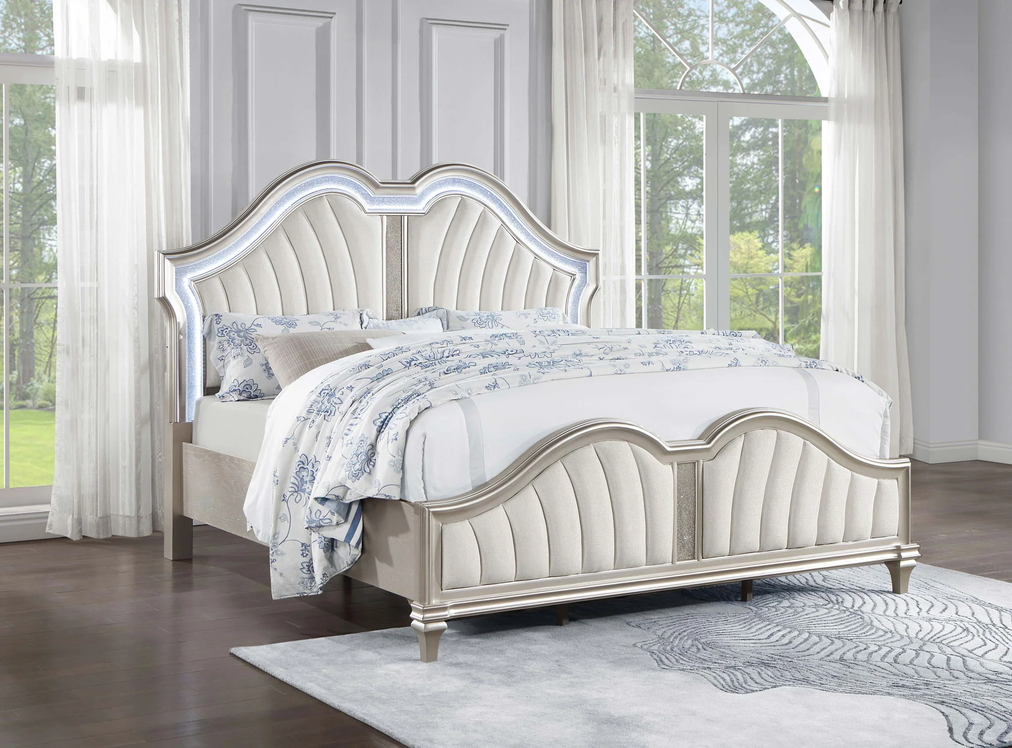 Evangeline Wood Eastern King LED Panel Bed Silver Oak - Image 2
