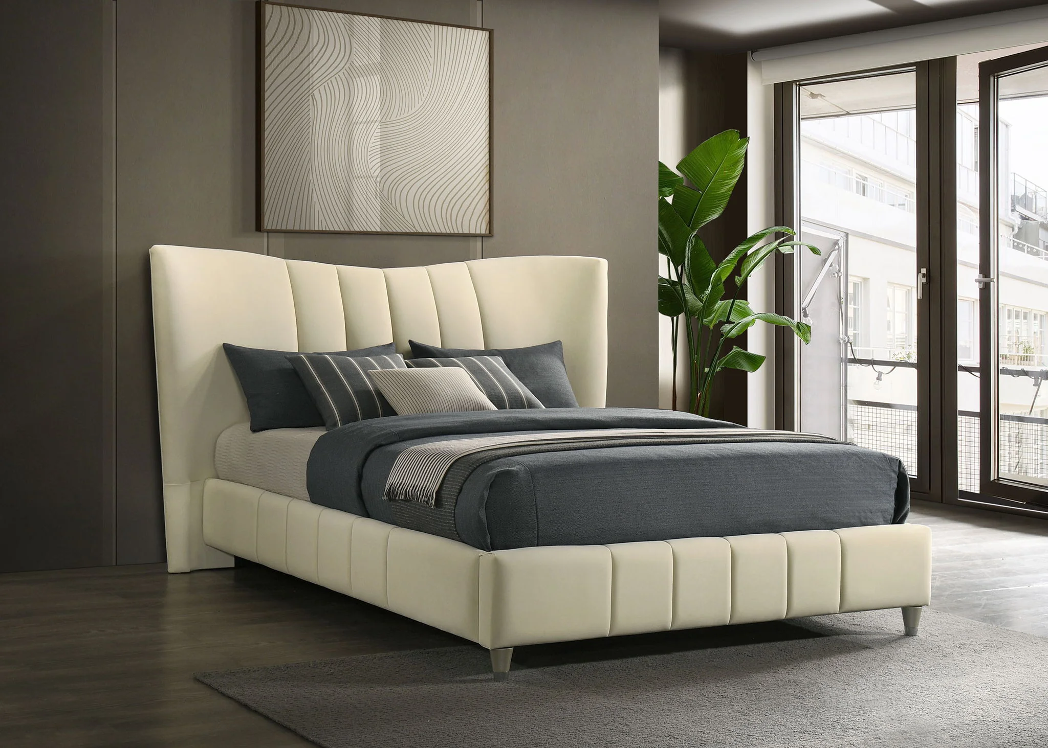 Evelyn Upholstered Queen Panel Platform Bed Ivory - Image 4