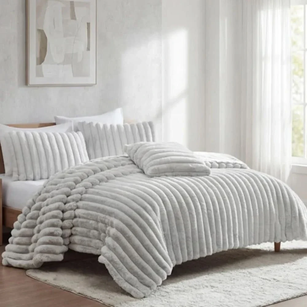 Evolve Grey Queen or King 4PC Comforter Set with Faux Fur Finish
