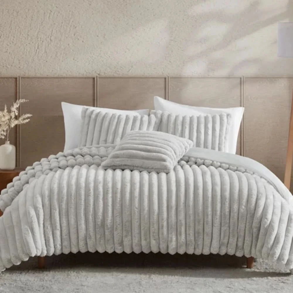 Evolve Grey Queen or King 4PC Comforter Set with Faux Fur Finish - Image 3