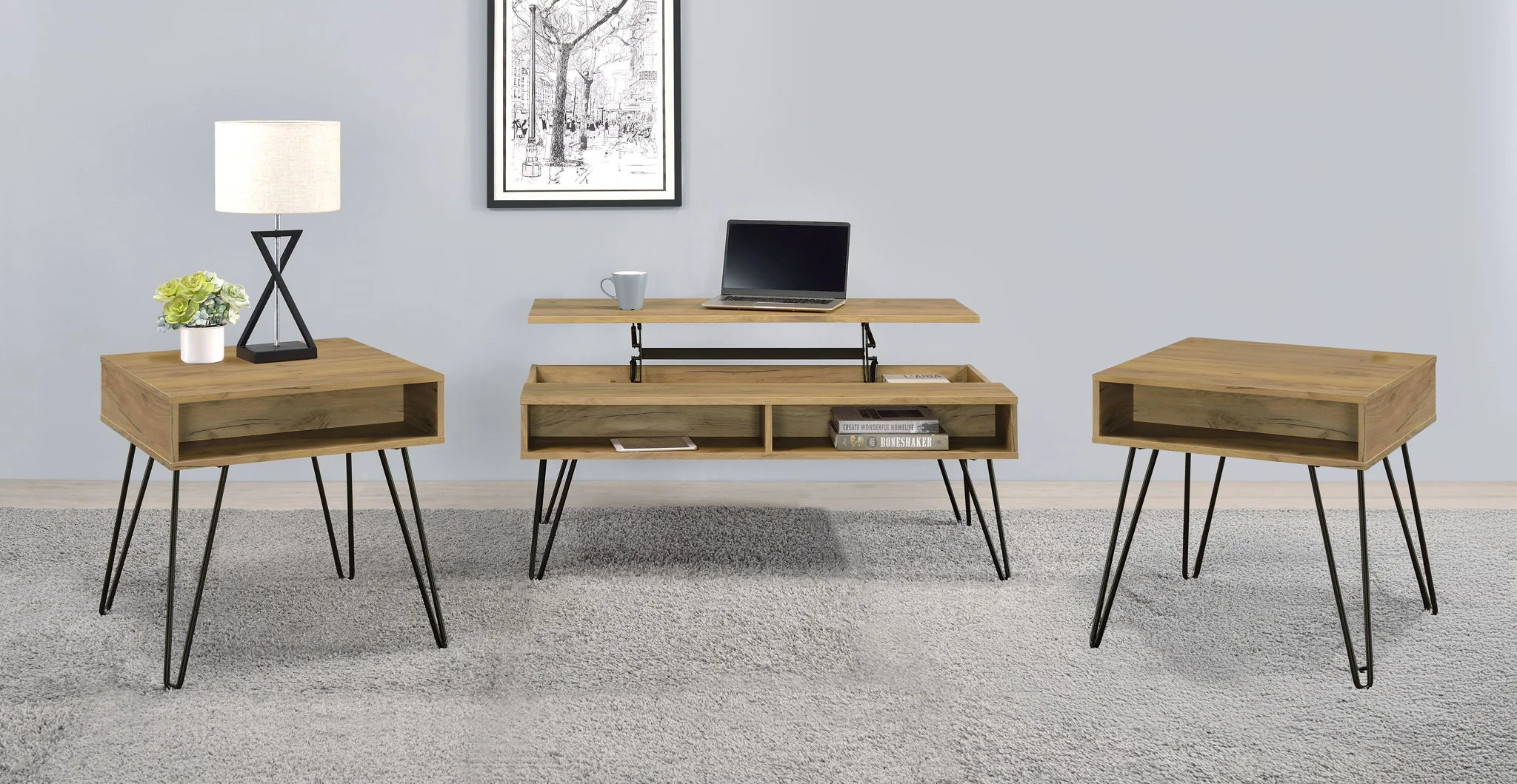 Fanning 3-piece Lift Top Coffee and End Table Set Golden Oak