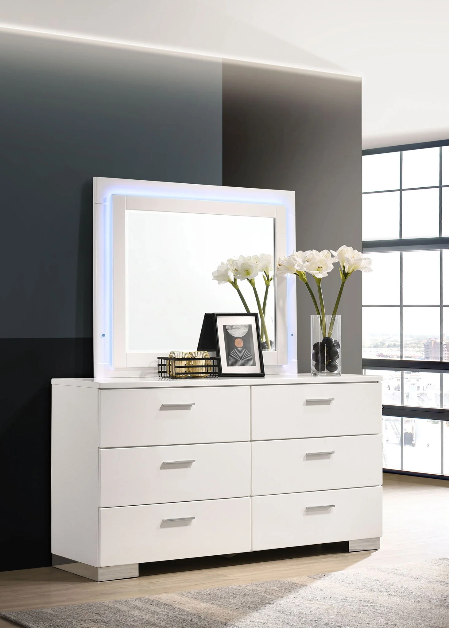 Felicity 6-drawer Dresser with LED Mirror White High Gloss - Image 4