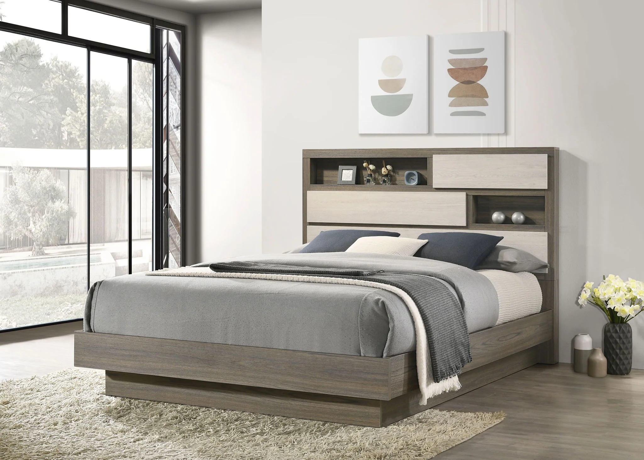Fenwick Queen Bed Bookcase Headboard Grey Oak - Image 3