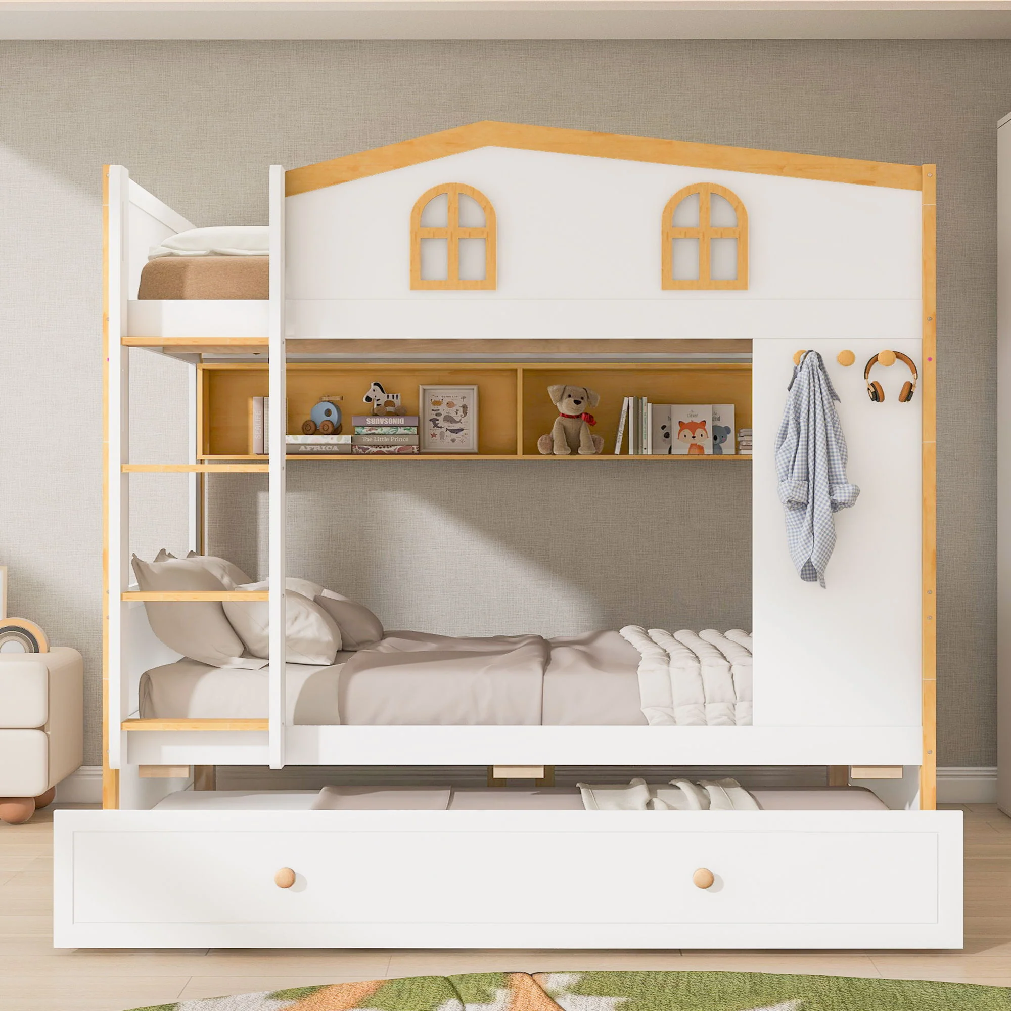 Full Over Full Bunk Bed With Storage Shelves And Trundle - White / Natural - Image 3
