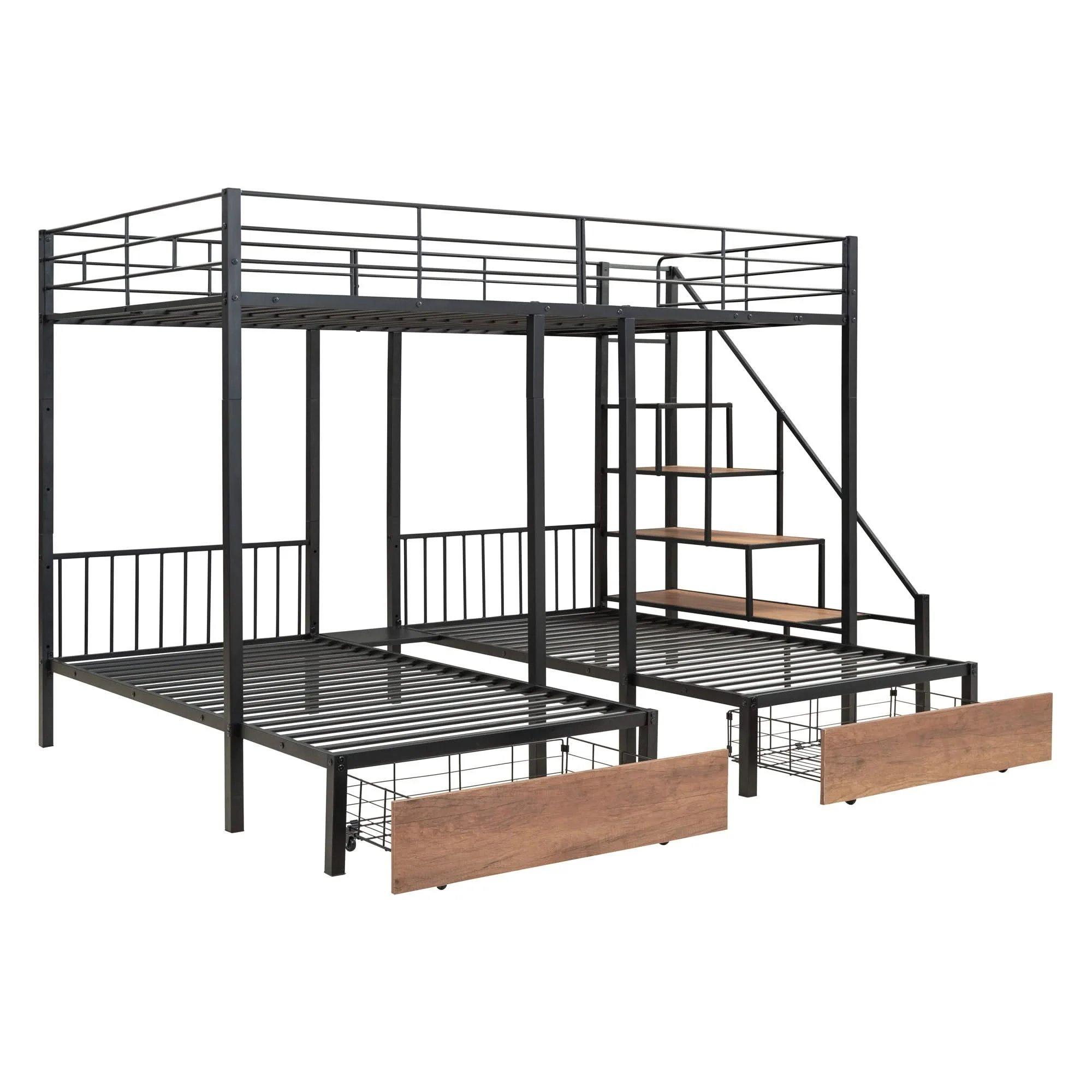 Full Over Twin-Twin Triple Bunk Bed With Drawers And Staircase - Black - Image 2