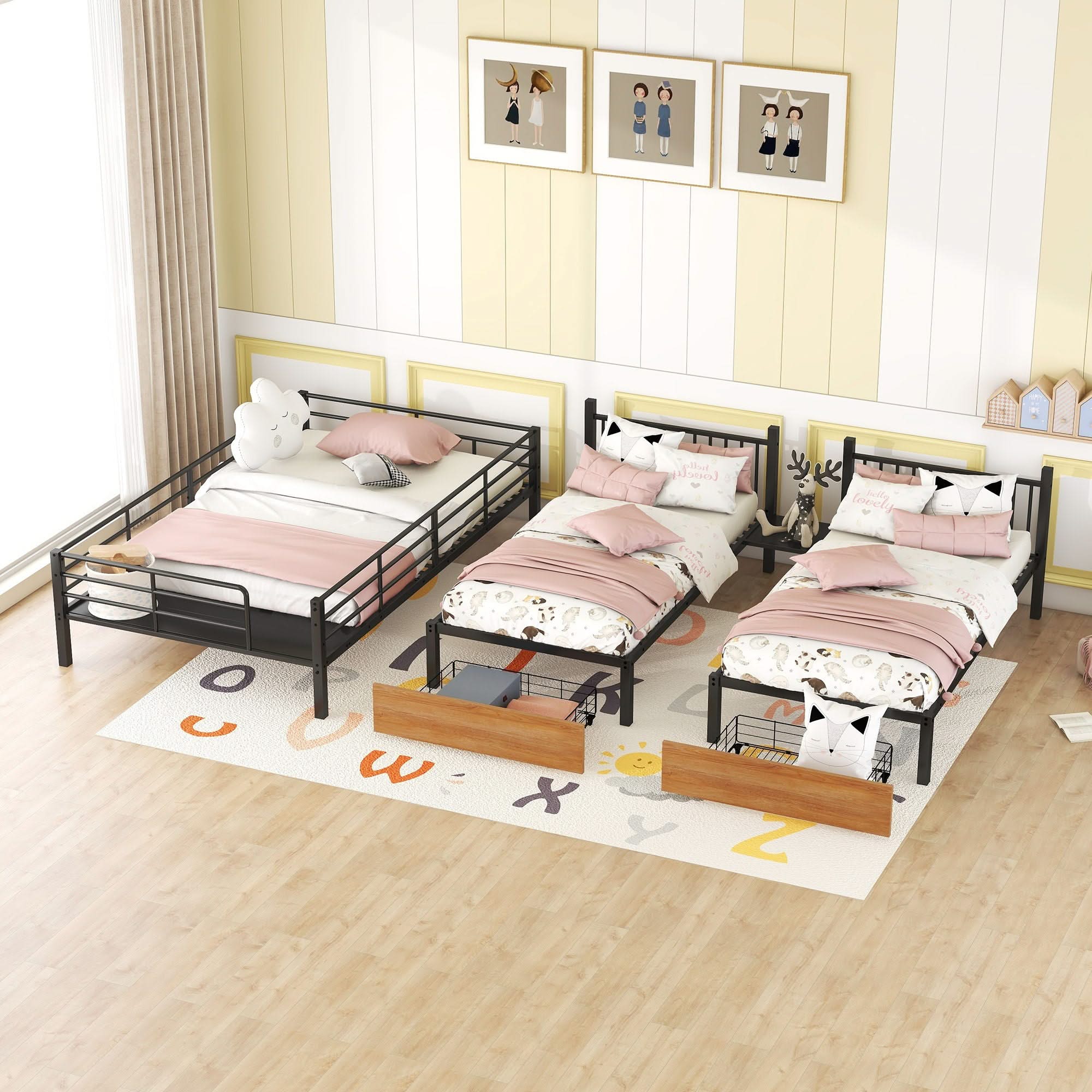 Full Over Twin-Twin Triple Bunk Bed With Drawers And Staircase - Black - Image 4