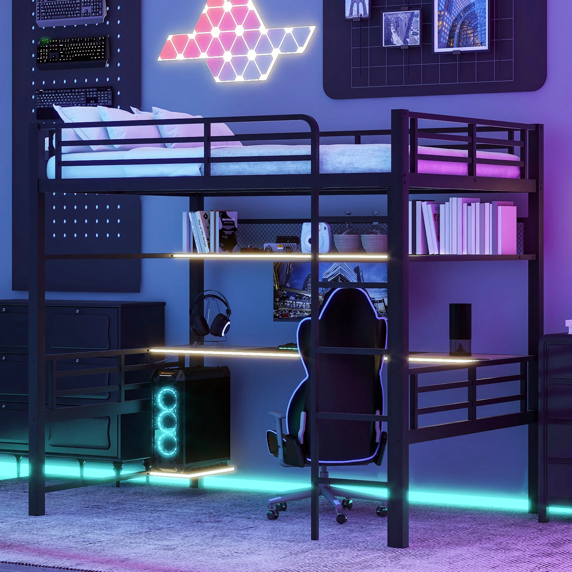 Full Size Loft Bed Frame With Storage Shelf And LED Light - Black - Image 3
