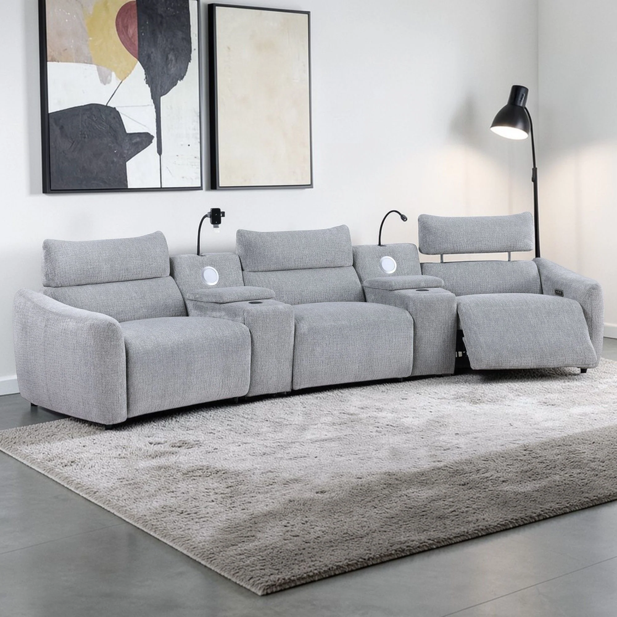 Fullar - Modular Power Motion Sectional Sofa With Console, 2 Wireless Chargers, 4 Cupholders, And 2 Speakers, 1 Phone Holder And 1 Reading Light, Adjustable Headrest - Light Gray - Image 2