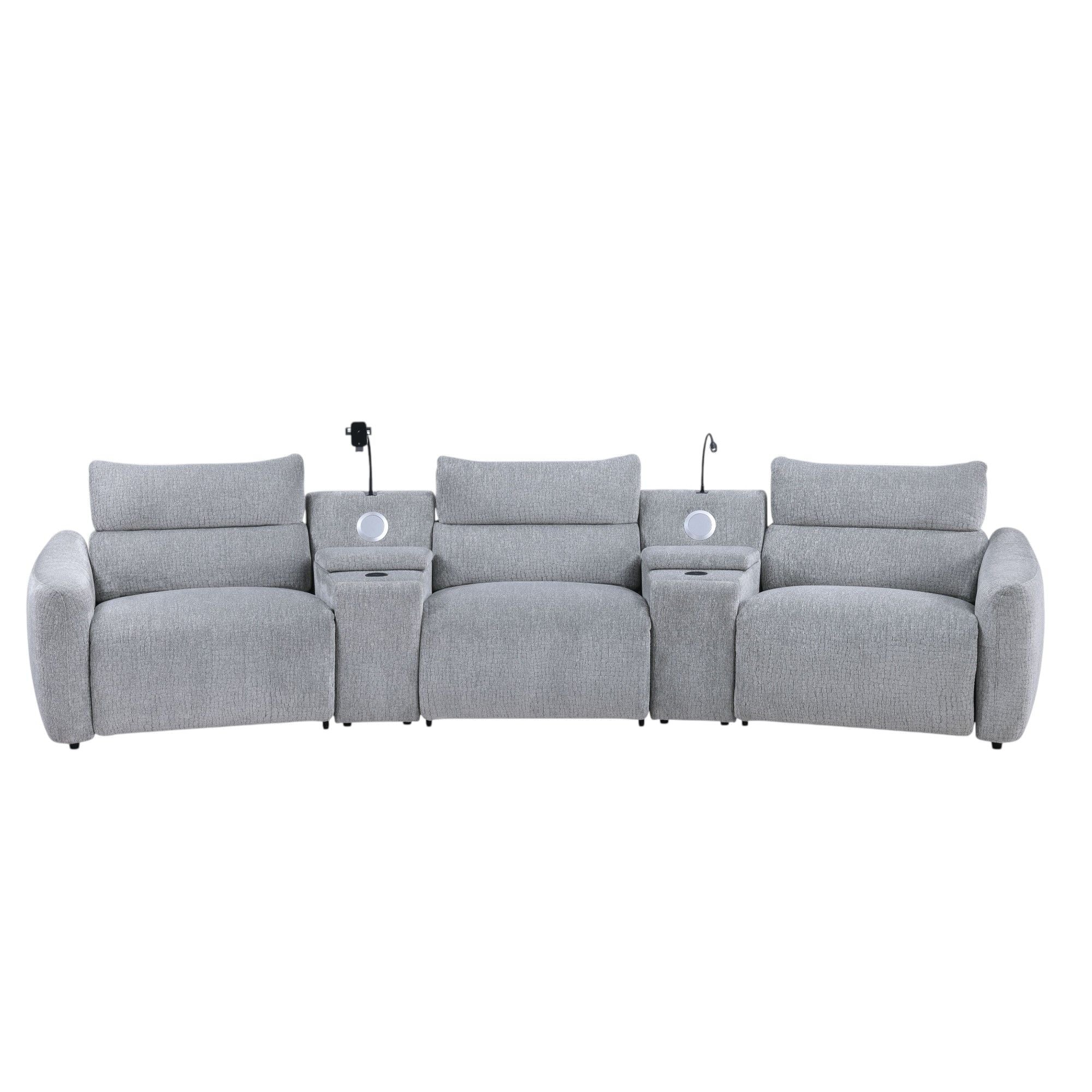 Fullar - Modular Power Motion Sectional Sofa With Console, 2 Wireless Chargers, 4 Cupholders, And 2 Speakers, 1 Phone Holder And 1 Reading Light, Adjustable Headrest - Light Gray - Image 3