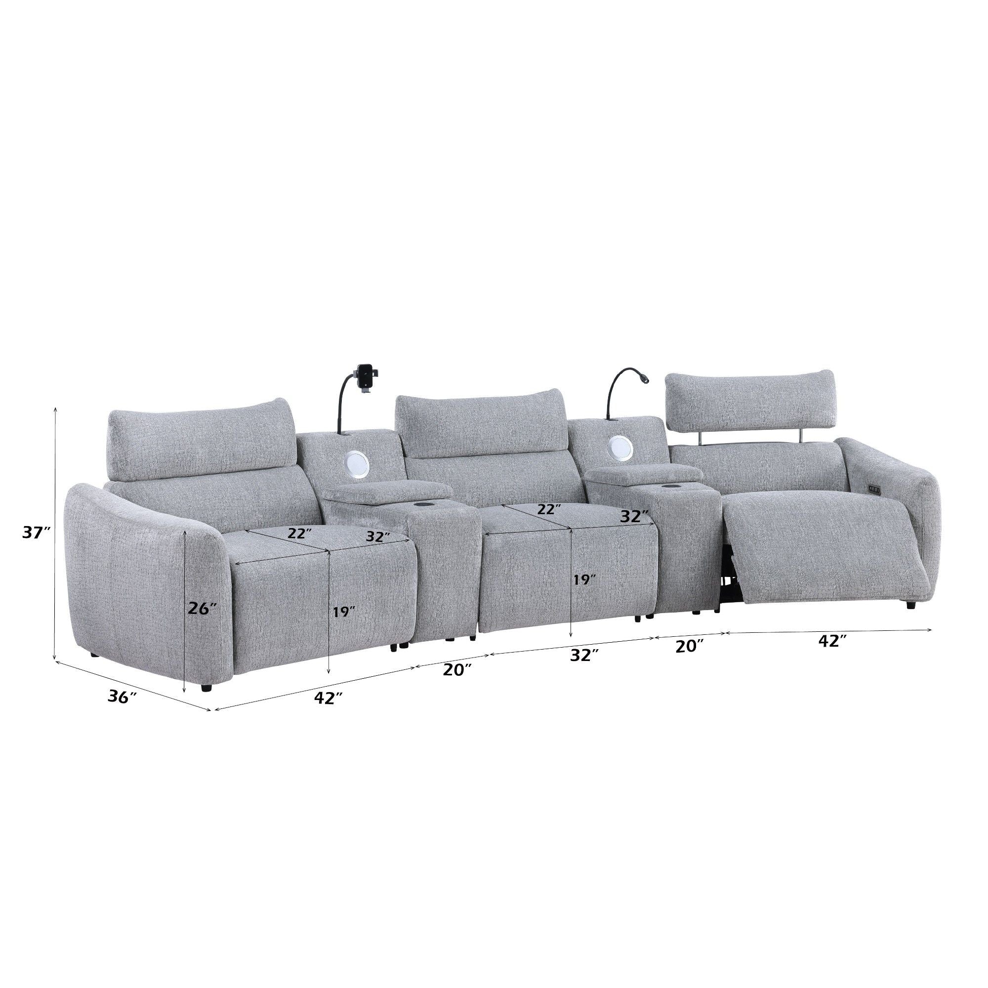 Fullar - Modular Power Motion Sectional Sofa With Console, 2 Wireless Chargers, 4 Cupholders, And 2 Speakers, 1 Phone Holder And 1 Reading Light, Adjustable Headrest - Light Gray - Image 4