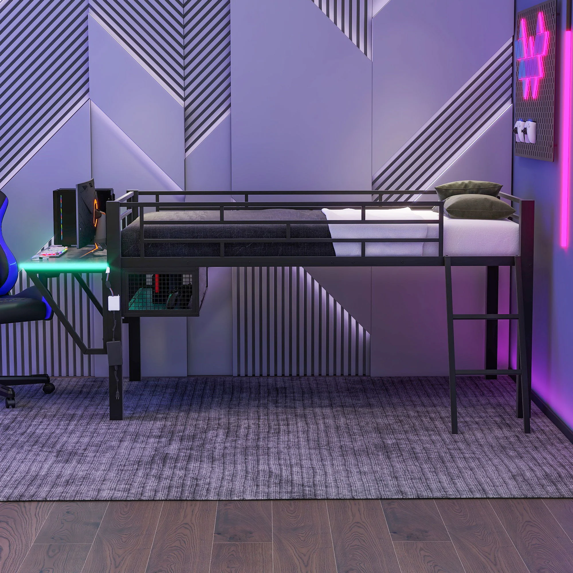 Gaming - Twin Loft Bed With Desk And LED - Black - Image 2
