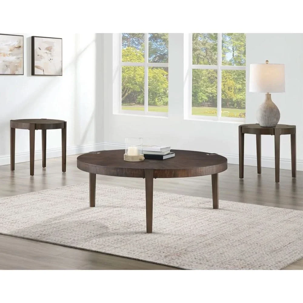 Gracie Brown 3PC Cocktail Table Set with Sunburst Top and Metal Legs
