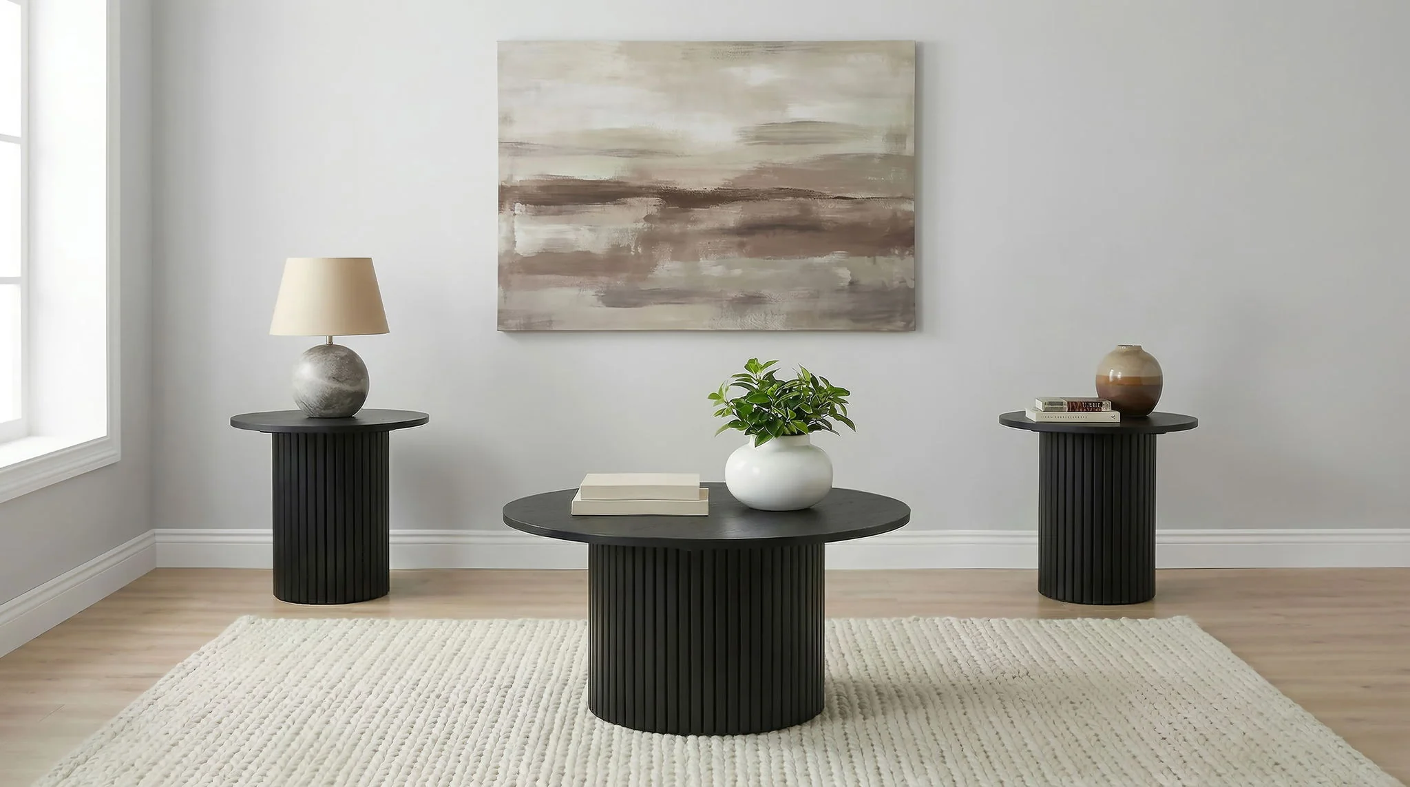 Hamlyn 3-piece Round Fluted Coffee and End Table Set Black