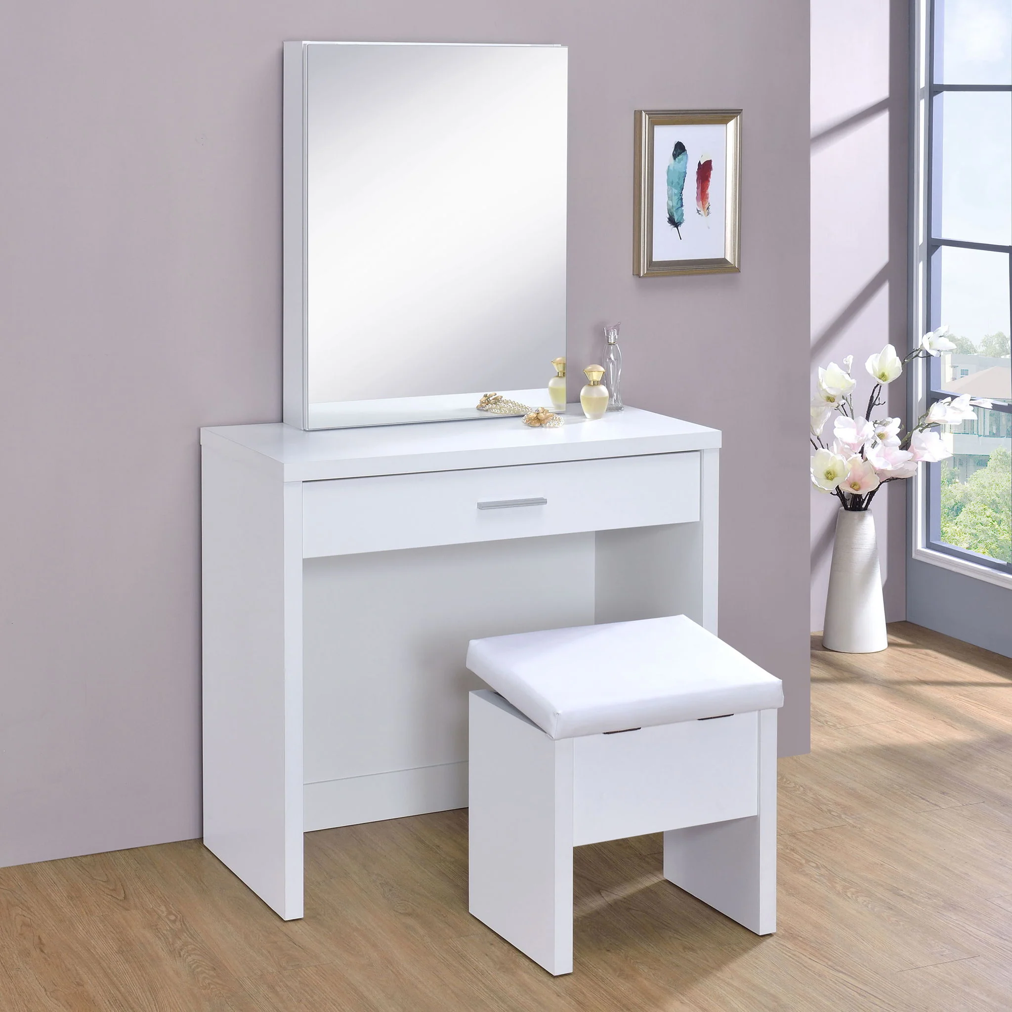 Harvey Vanity Set with Lift-Top Stool White - Image 2