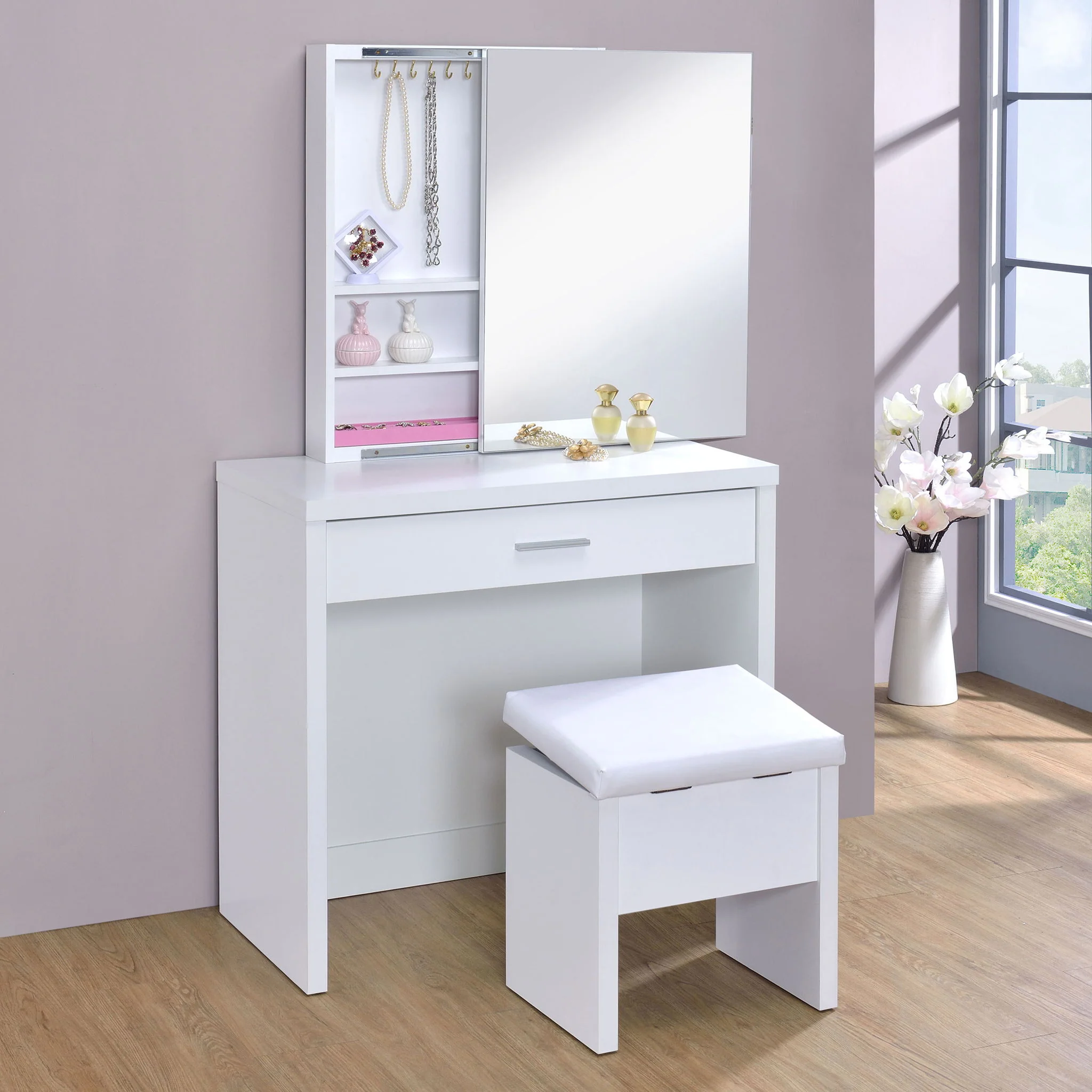 Harvey Vanity Set with Lift-Top Stool White - Image 3