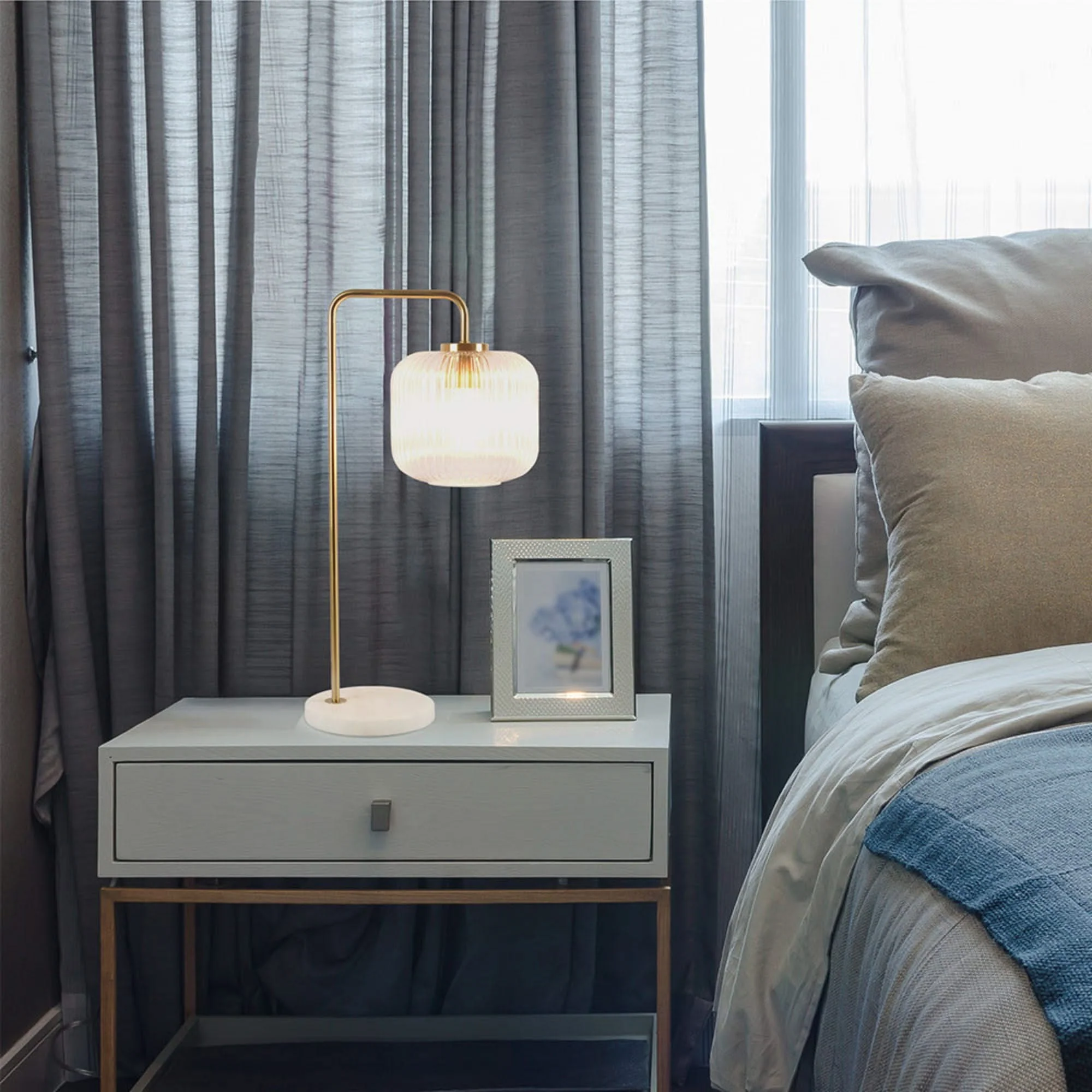 Haven - Clear Table Lamp, Button Control - Gold / White / White Marble - Image 2