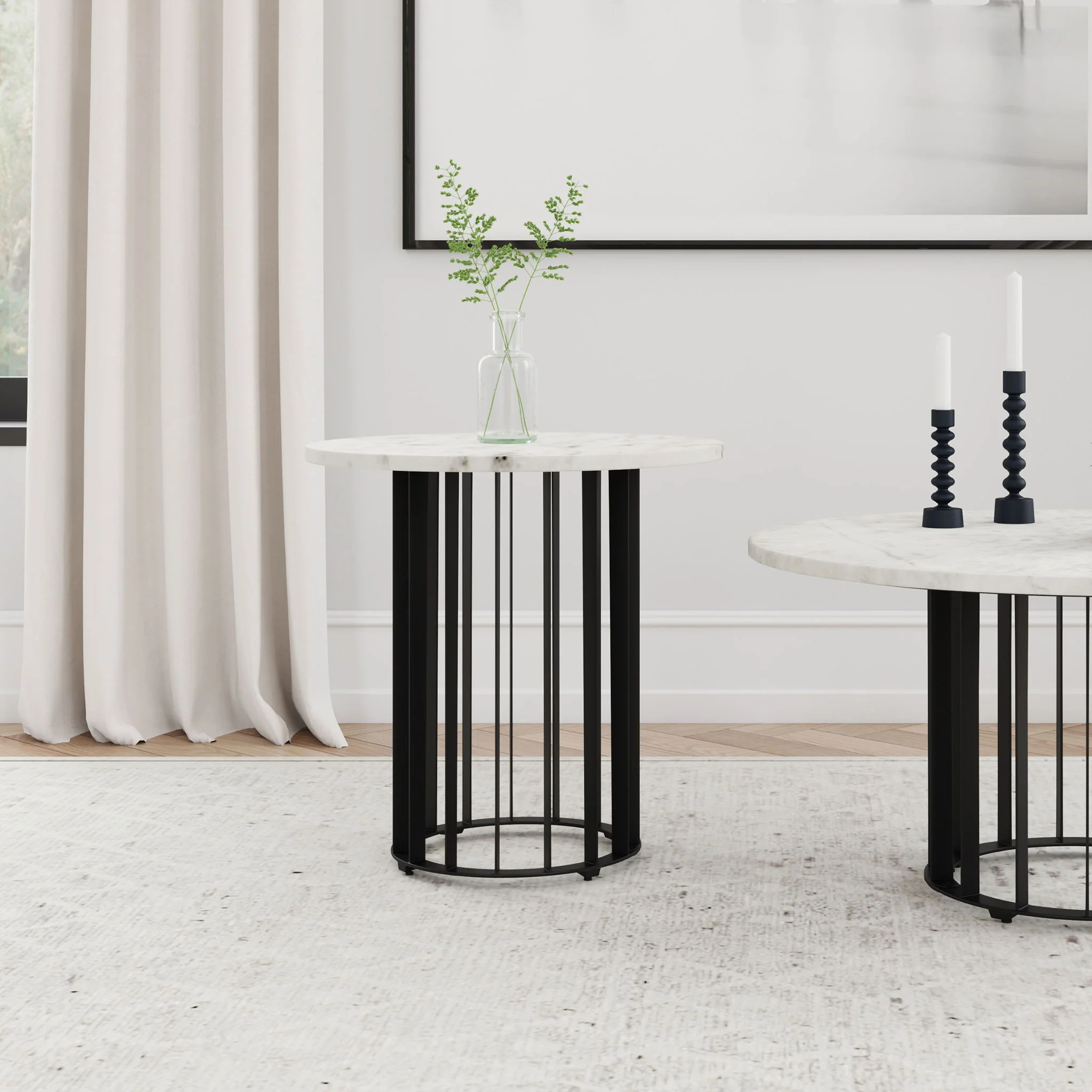 Haven Round Genuine White Marble Top End Side Table Black - Image 2