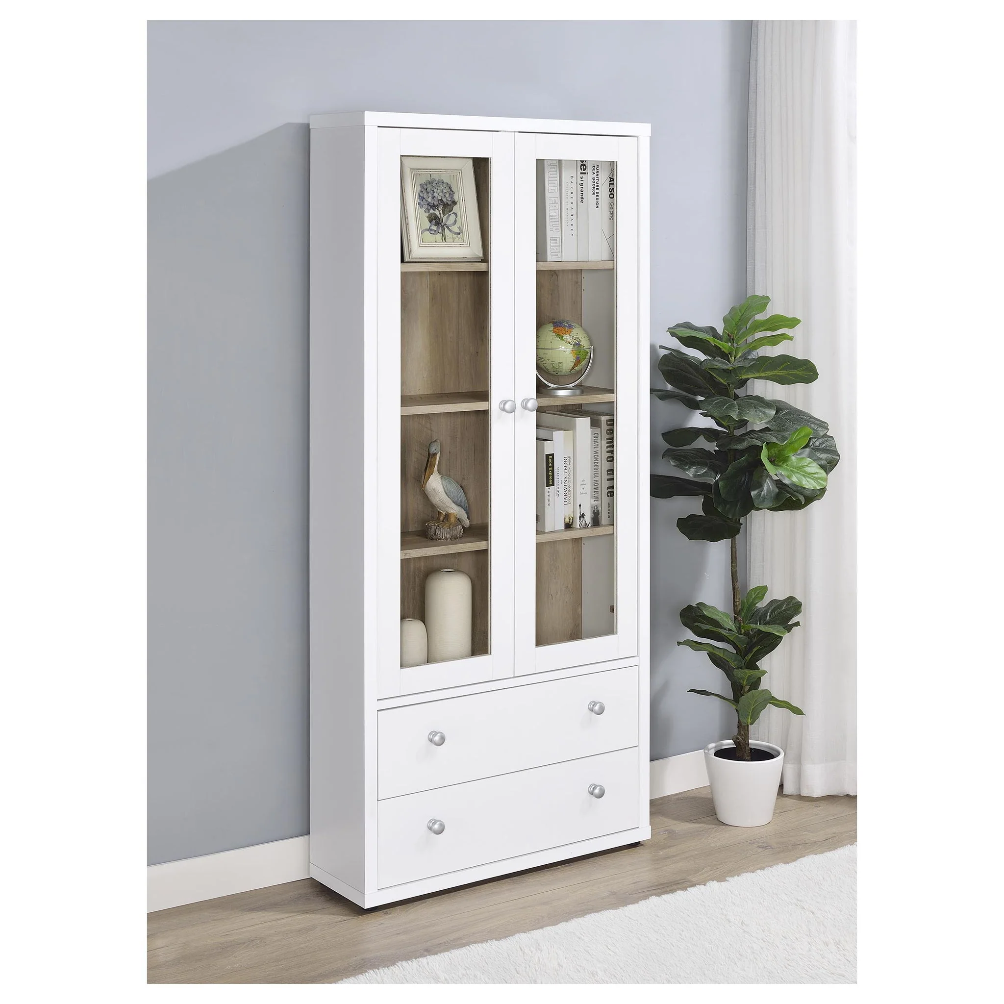 Hawthorne 4-shelf Glass Door Tall Cabinet with Drawers White - Image 4