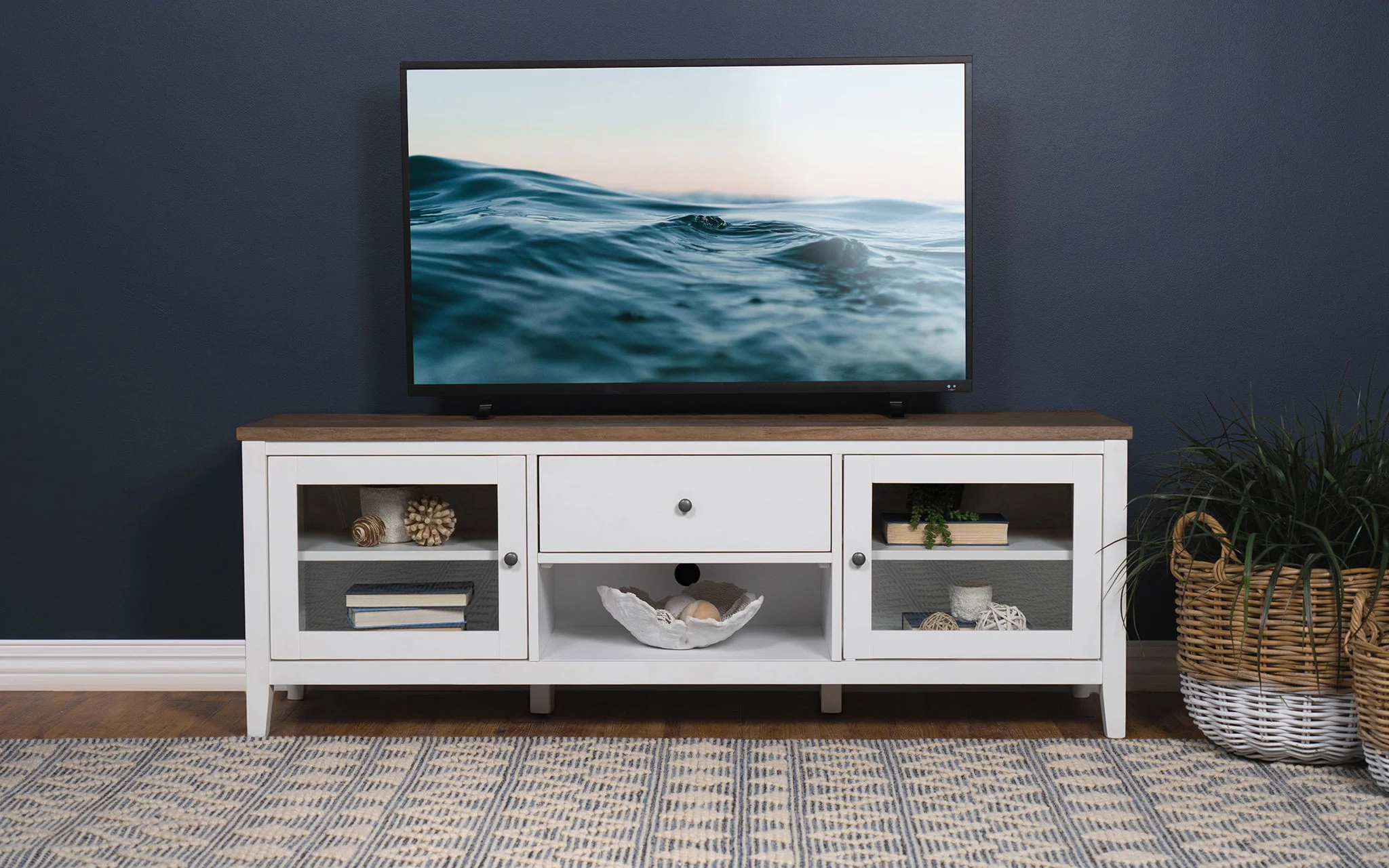 Hollis 2-door Wood 67-inch TV Stand with Drawer Brown and White - Image 4
