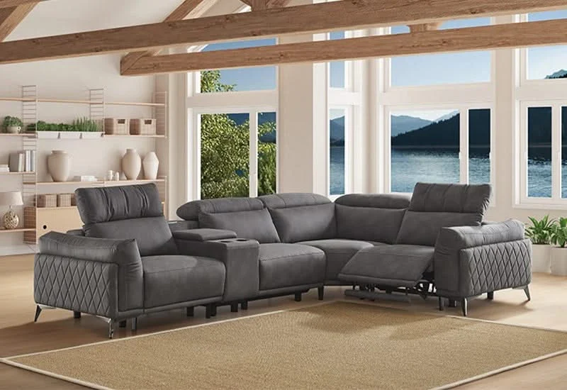 Horizon Gray Contemporary Power Reclining 5 PC Sectional with Storage Console, Hi-Def Speakers with Sub Woofers - Image 2