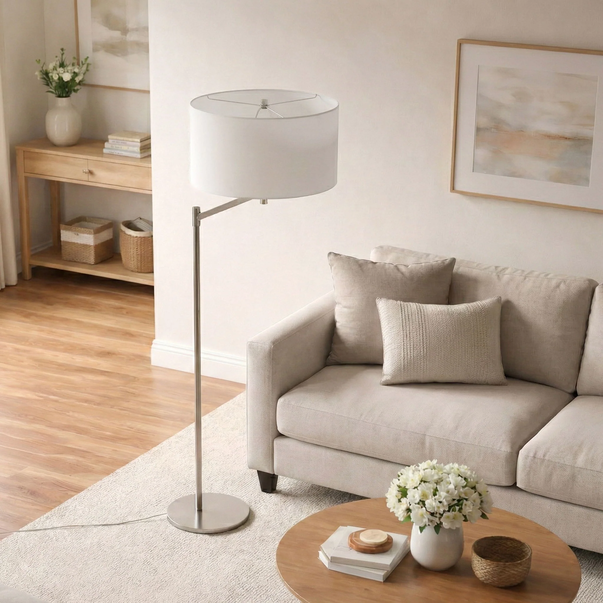 Horizon - Table Lamp With On / Off Switch Curved Base Linen Shade - Brushed Nickel / Silver / White - Image 3