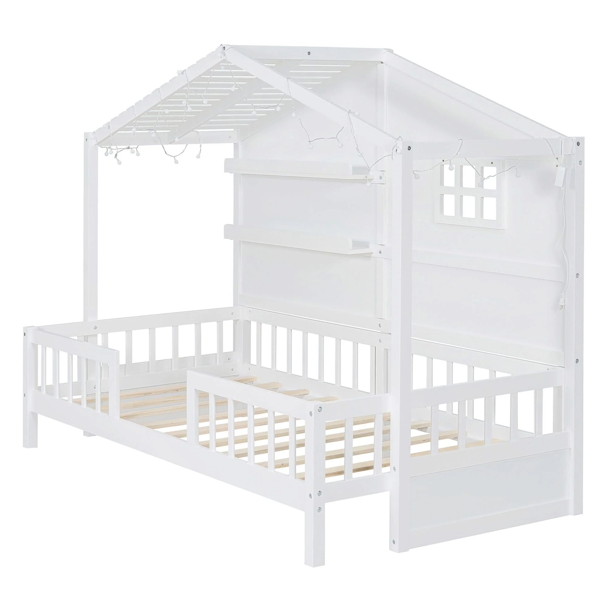 House Bed With Shelves, Window And Sparkling Light Strip On The Roof - Image 8