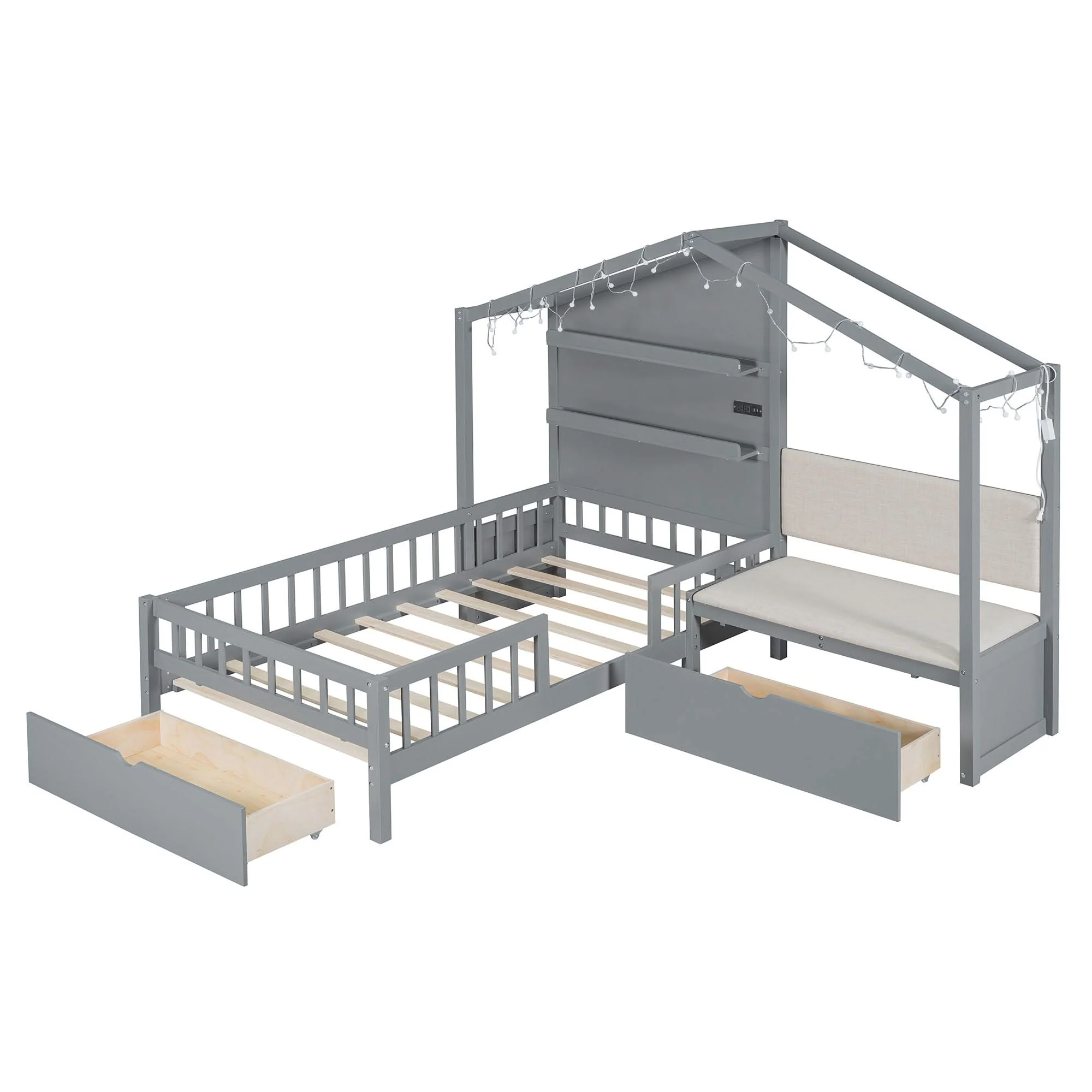 House Bed With Upholstered Sofa, Wireless Charging Station, Shelves And 2 Drawers - Image 3