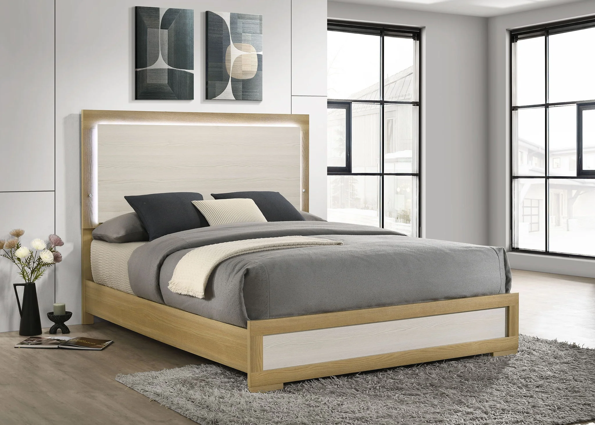 Hyland Wood Queen LED Panel Bed Natural and White - Image 2
