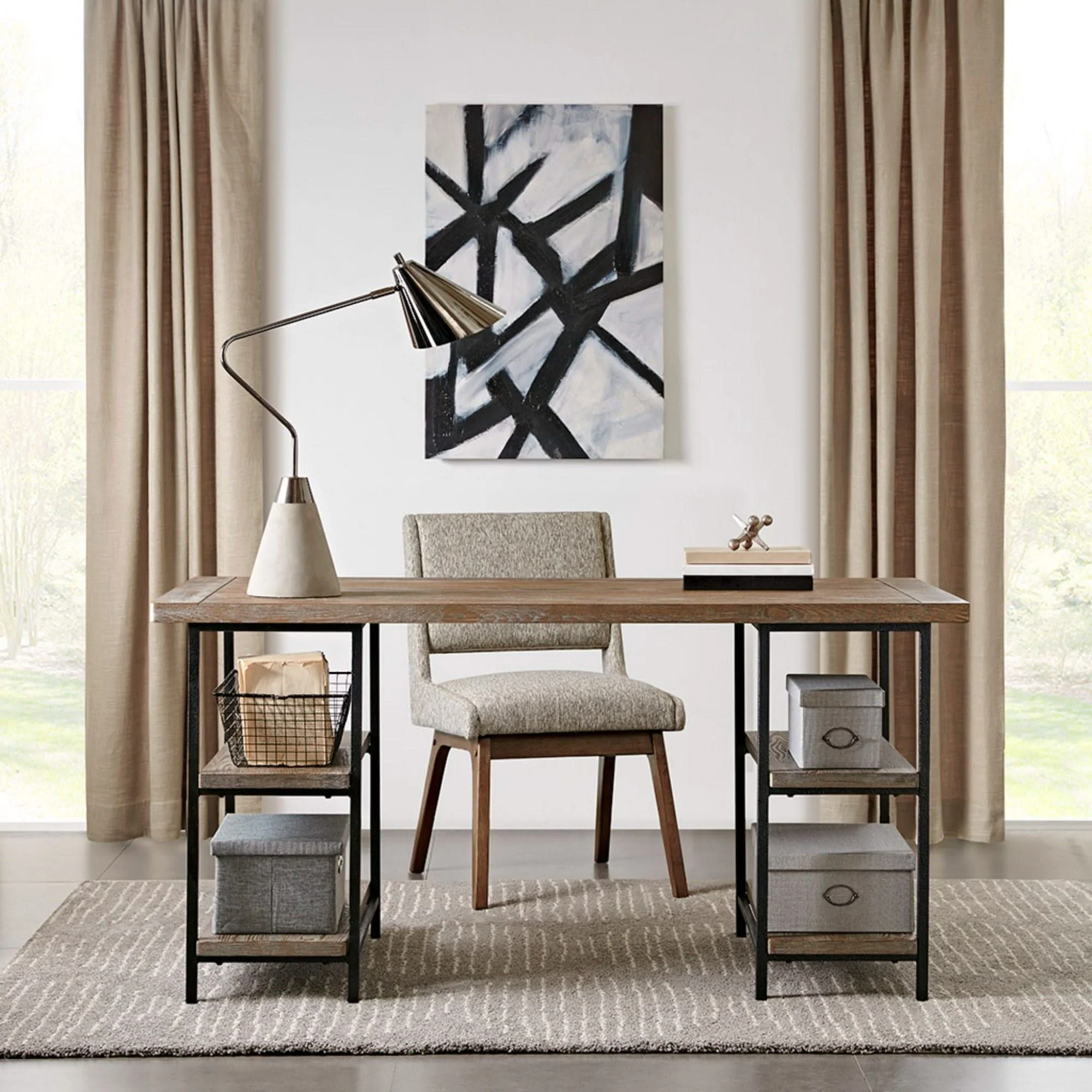 Industrial Style Metal Frame Accent Desk With Side Shelving - Gray - Image 2