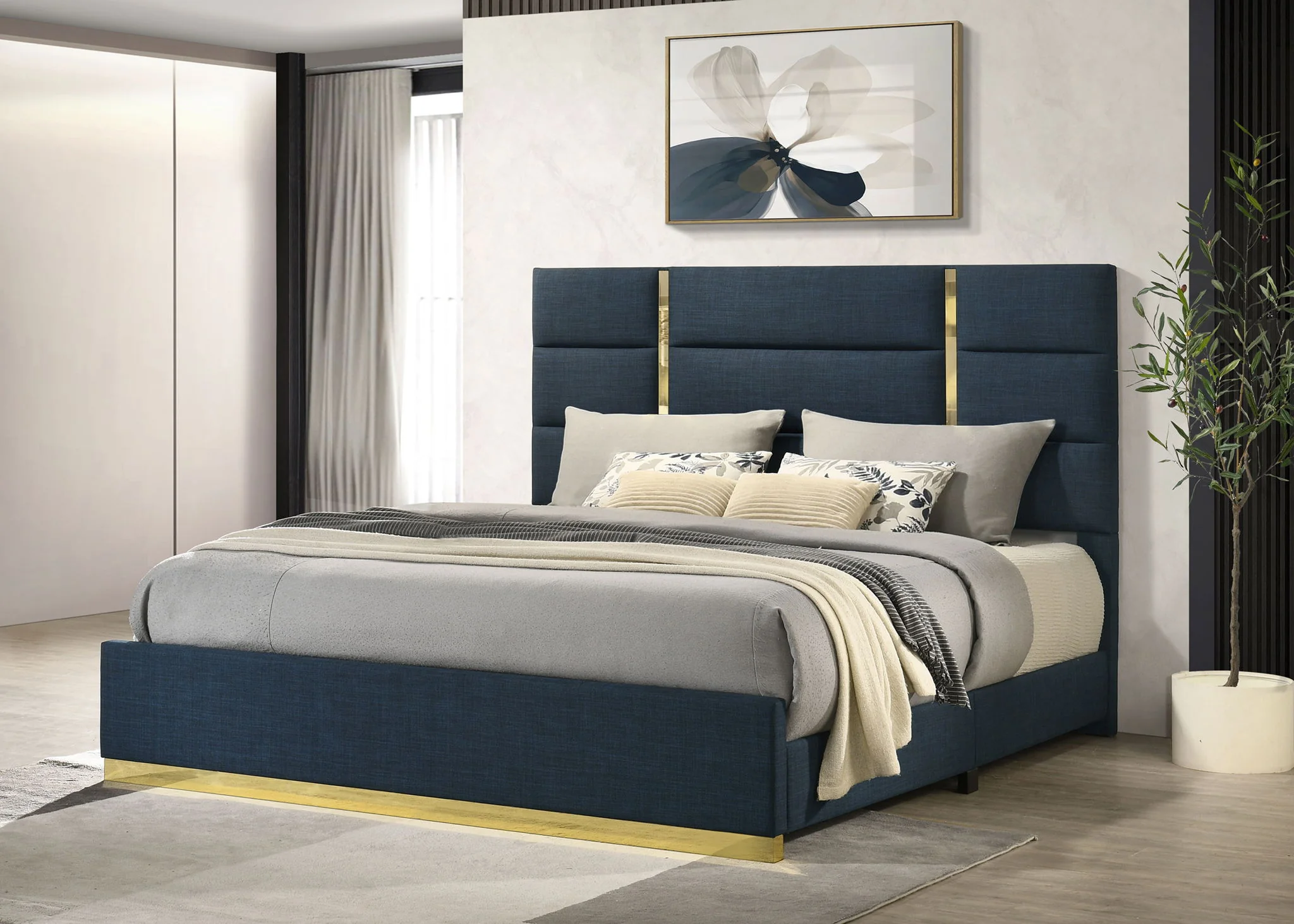 Ines 56-inch Fabric Upholstered Eastern King Panel Bed Navy - Image 2