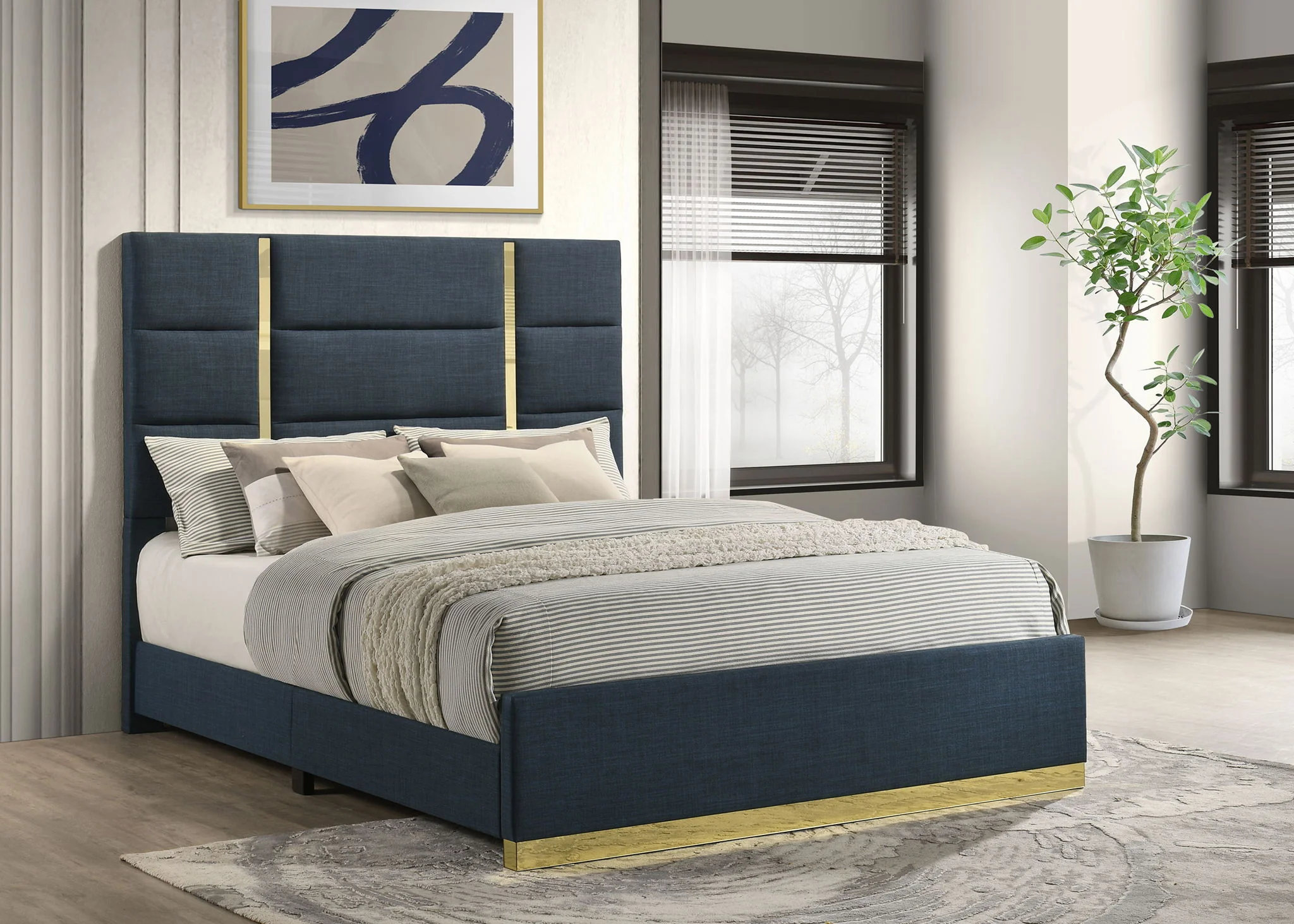 Ines 56-inch Fabric Upholstered Queen Panel Bed Navy - Image 3